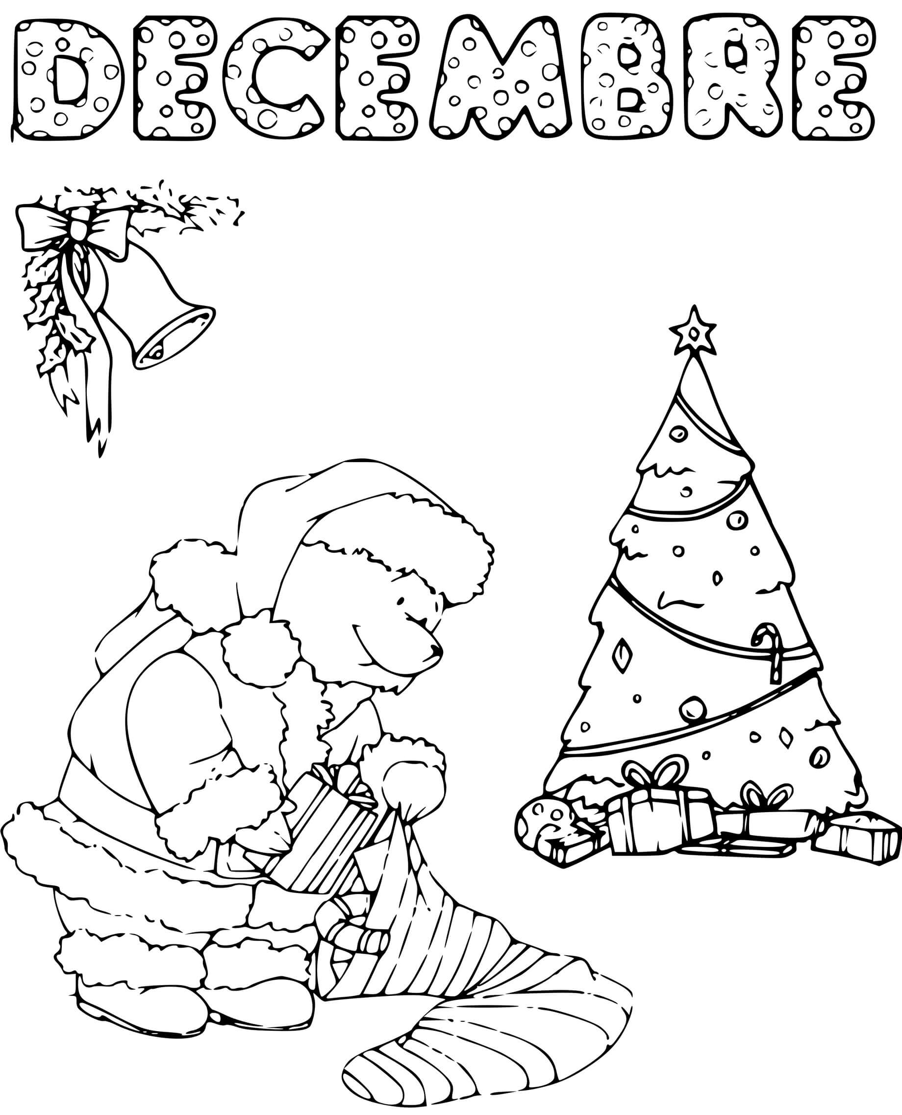Coloriage Décembre Père Noël Emballe Des Cadeaux Avec Sapin De Noël - Décembre à imprimer