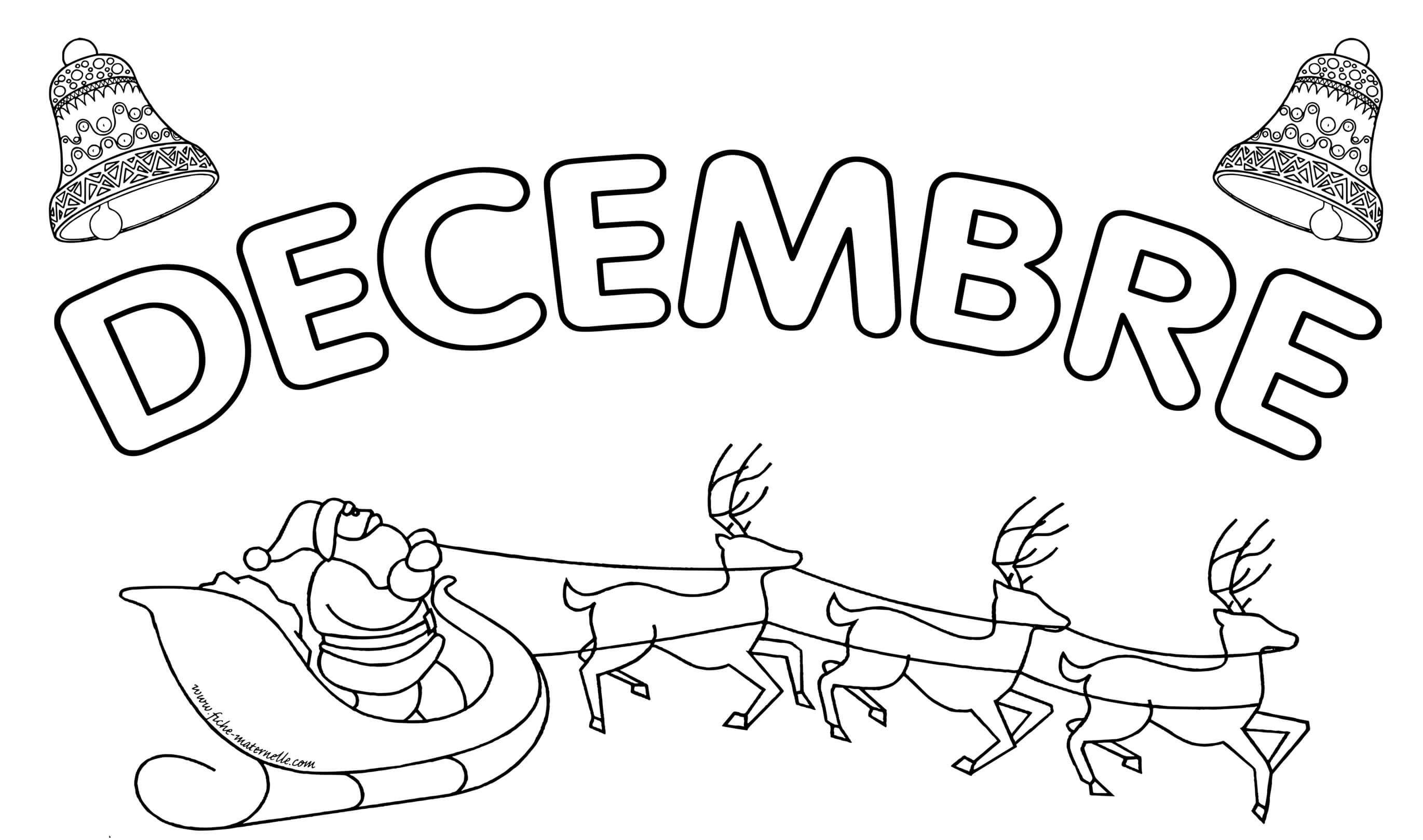 Coloriage Décembre Père Noël Et Son Traîneau Avec Les Rennes - Décembre à imprimer