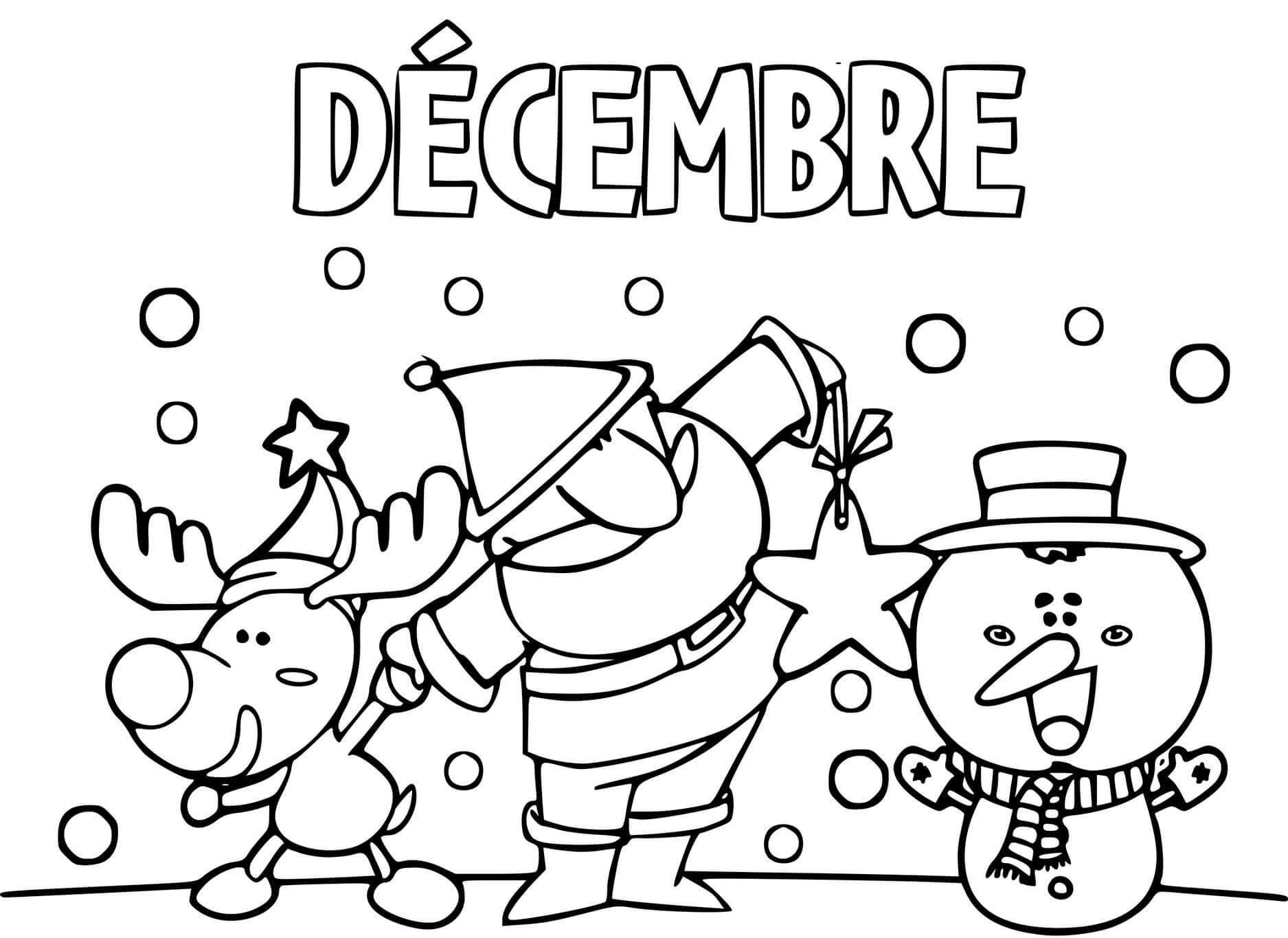 Coloriage Décembre Père Noël Renne Et Bonhomme De Neige Tous Joyeux - Décembre à imprimer