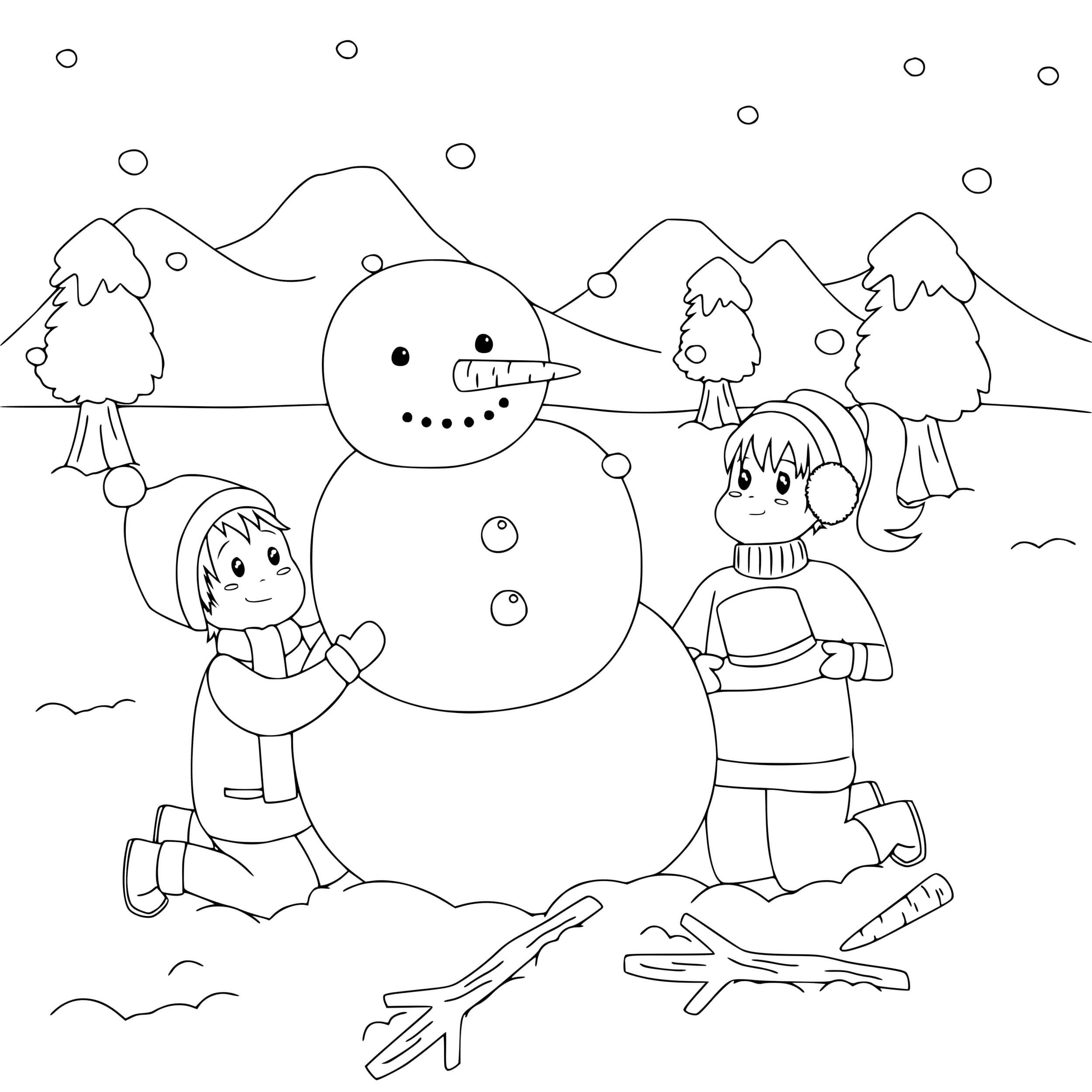 Coloriage Des Enfants Font Un Bonhomme De Neige Sous Un Paysage De Neiges - Bonhomme de neige à imprimer