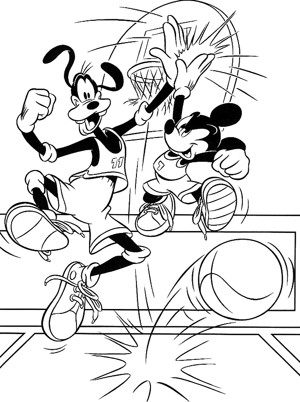 Coloriage Dessin Dingo Et Mickey Jouent Au Basket - Basketball à imprimer
