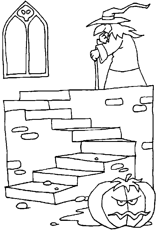 Coloriage Dessin D'Une Sorcière A La Recherche De Sa Citrouille D'Halloween Dans Son Manoir - Halloween sorciere à imprimer