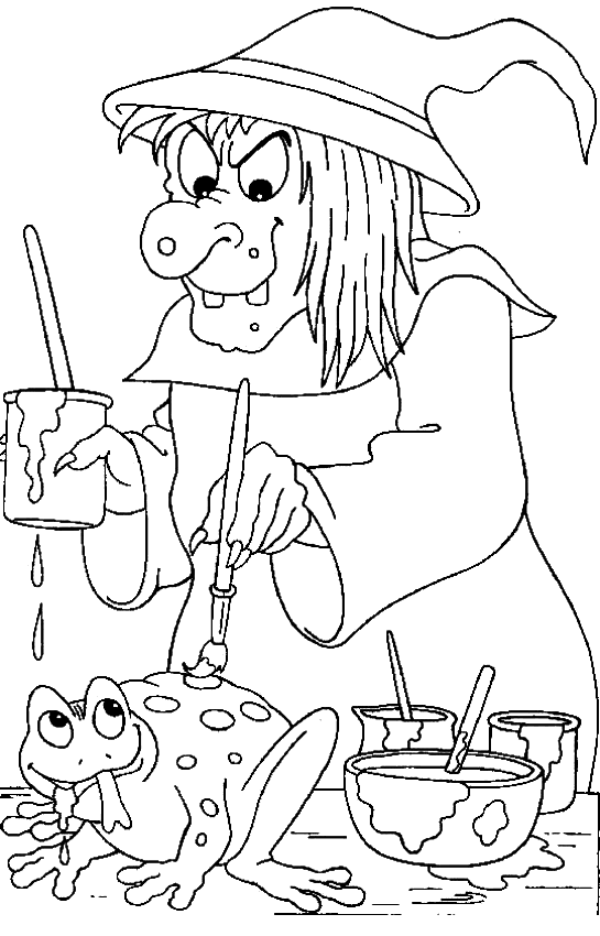 Coloriage Dessin D'Une Sorcière Avec Une Grenouille - Halloween à imprimer