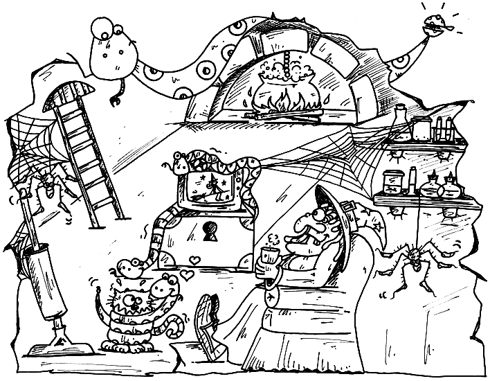 Coloriage Dessin D'Une Sorcière Dans Sa Maiosn - Halloween sorciere à imprimer