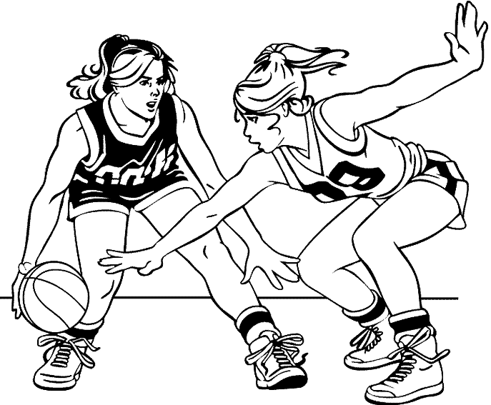 Coloriage Dessin Deux Joueuses Qui Driblent - Basketball à imprimer