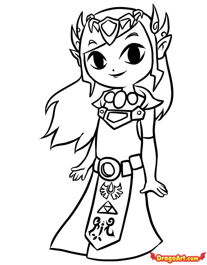 Coloriage Princesse Zelda aux cheveux longs - Zelda à imprimer
