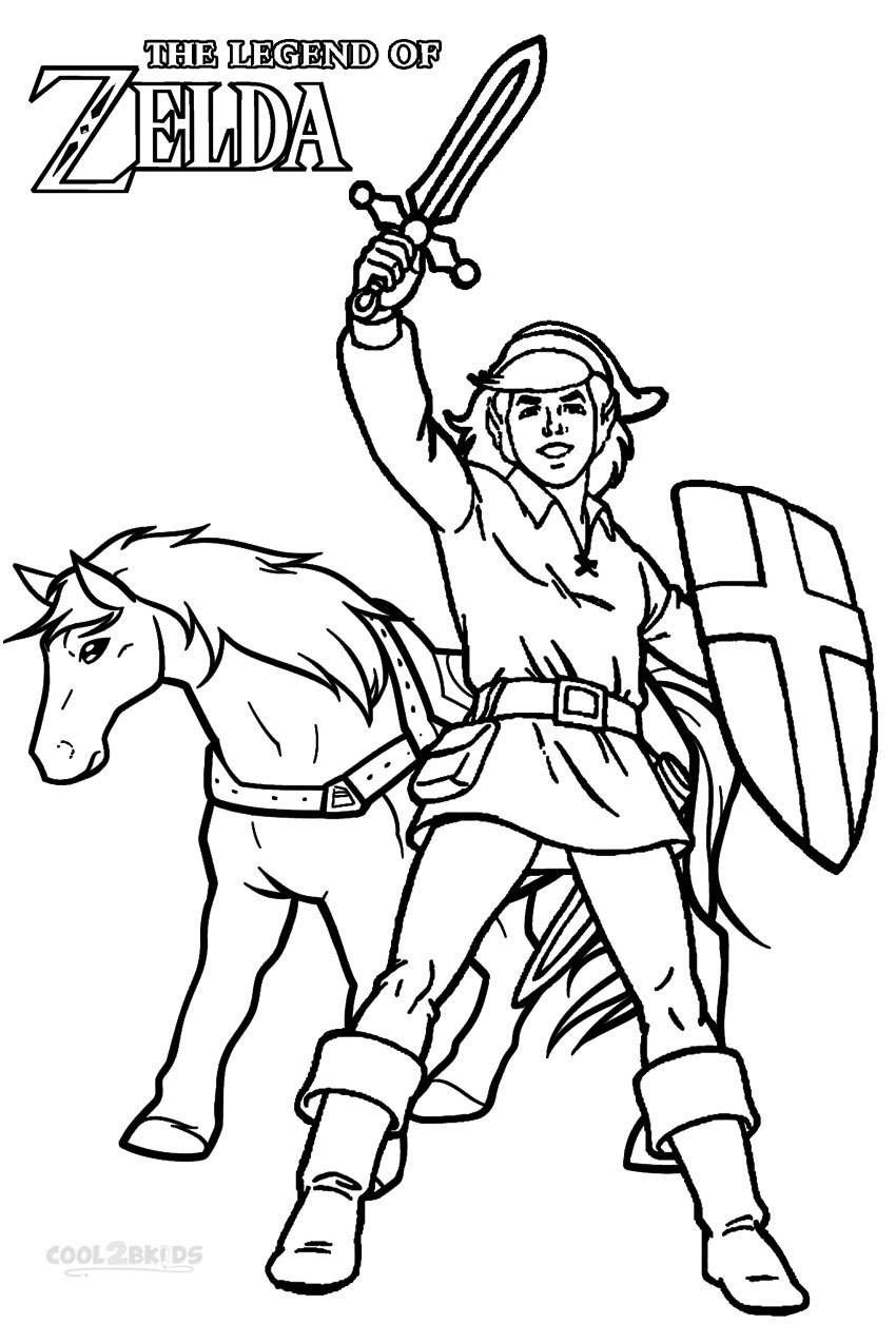 Coloriage Link chevauchant Épona dans Hyrule - Zelda à imprimer