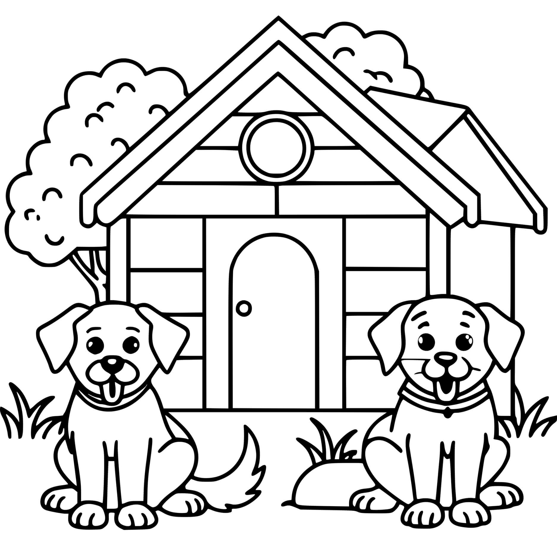 Coloriage Deux Beaux Chiens Devant Une Maison - Chien à imprimer