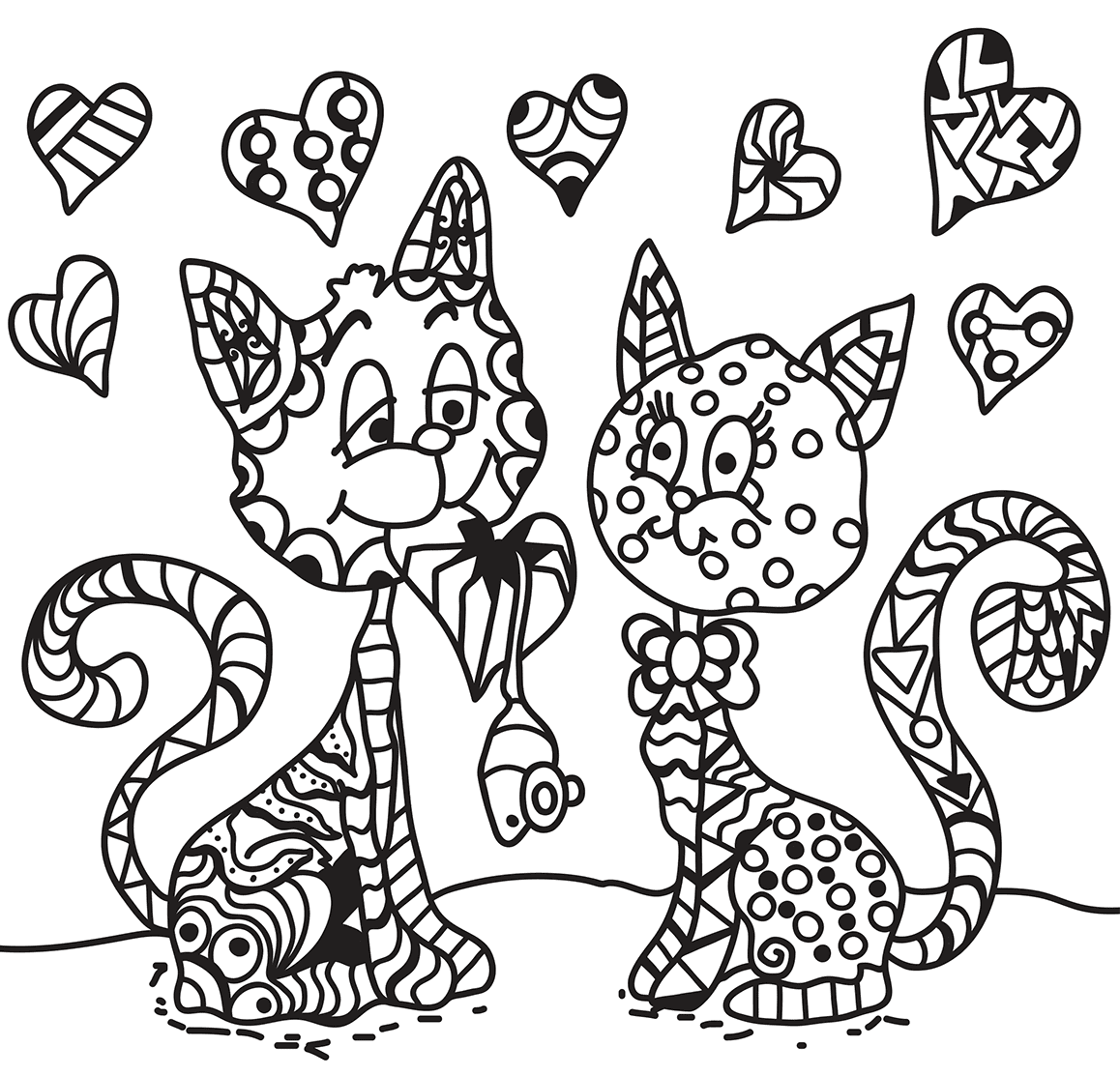 Coloriage Deux Chats En Amour Zentangle Adulte - Saint-Valentin à imprimer