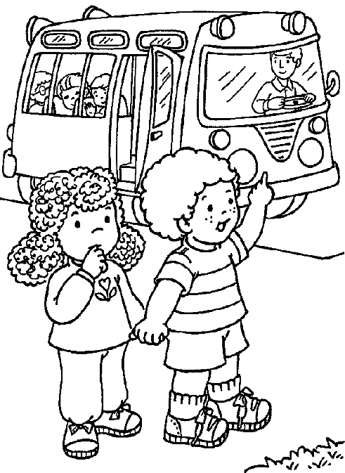 Coloriage Deux Enfants Rentrent De L'École En Bus Scolaire - École à imprimer