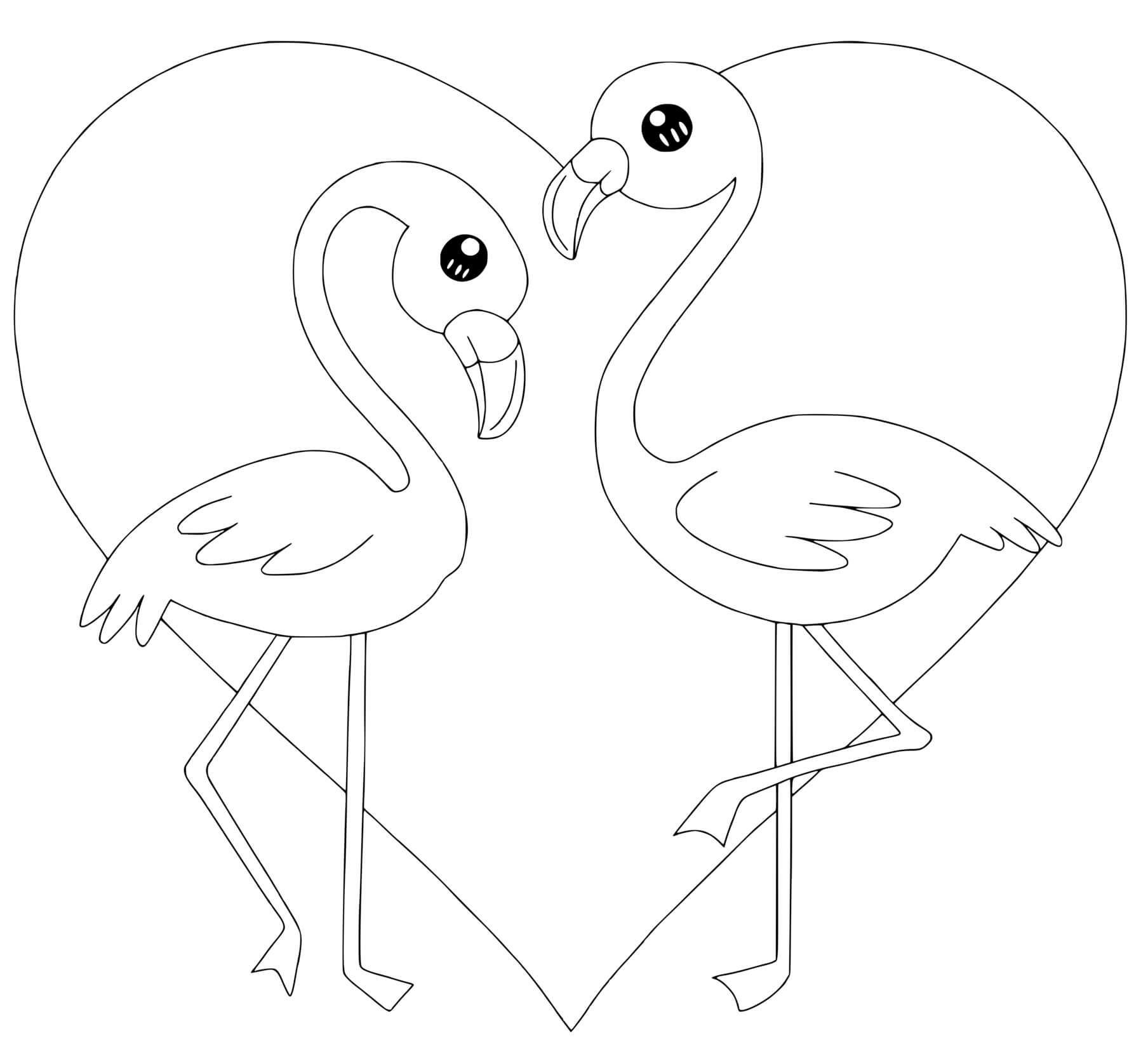 Coloriage Deux Flamants Roses Avec Un Cœur - Flamant rose à imprimer
