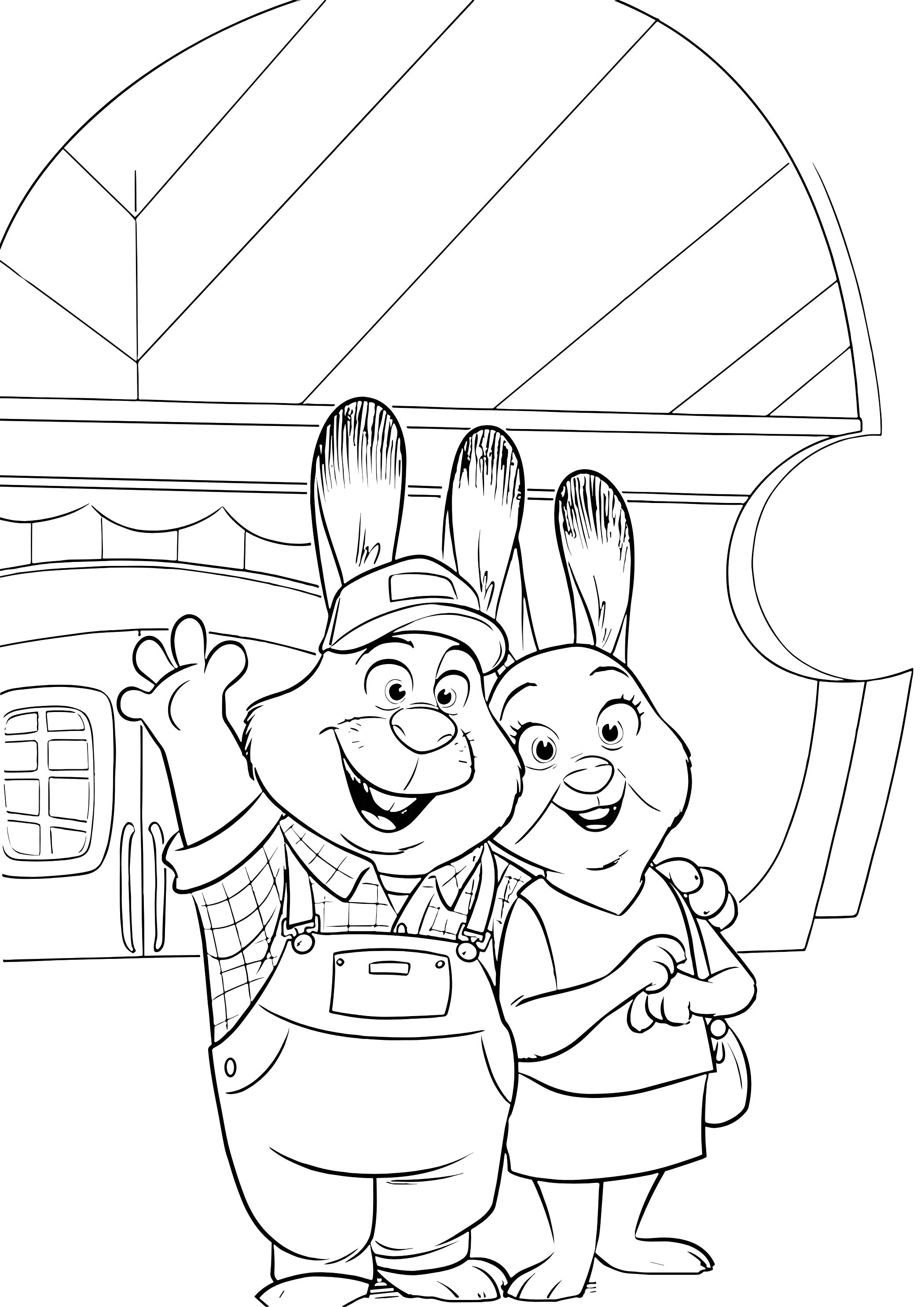 Coloriage Deux Lapins Souriants Devant Une Maison En Forme De Carotte - Zootopie à imprimer