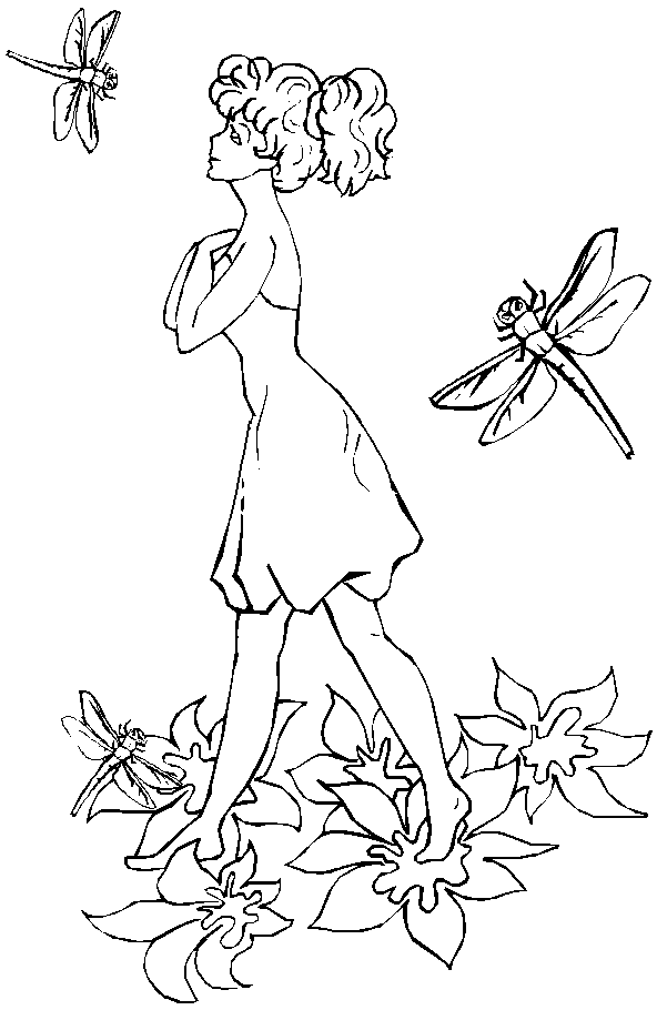 Coloriage Deux Libellules Volent Autour D'Une Femme - Libellule à imprimer