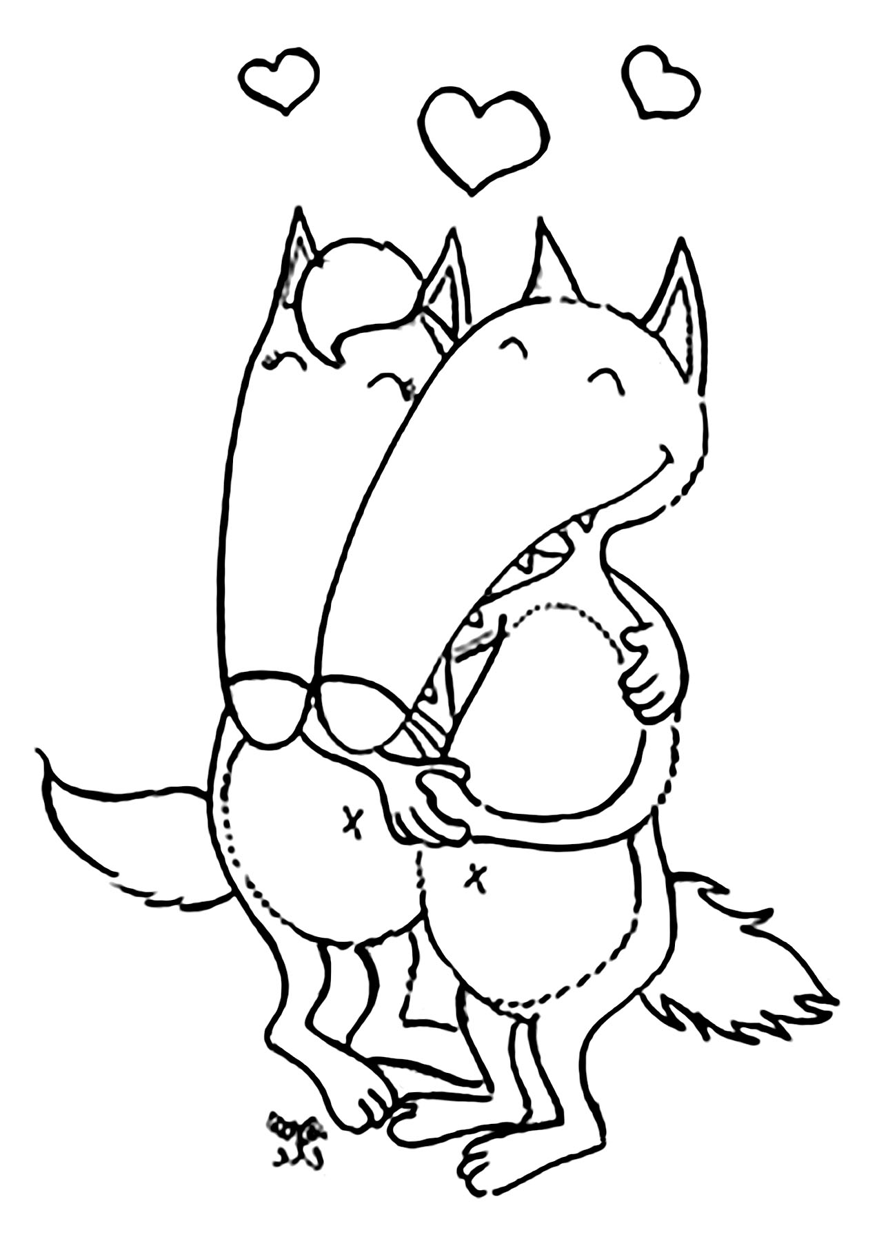 Coloriage Deux Loups Amoureux - Loup à imprimer