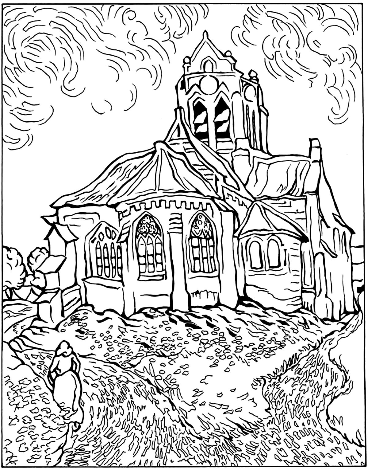 Coloriage Difficile Van Gogh Eglise Auvers - Art à imprimer