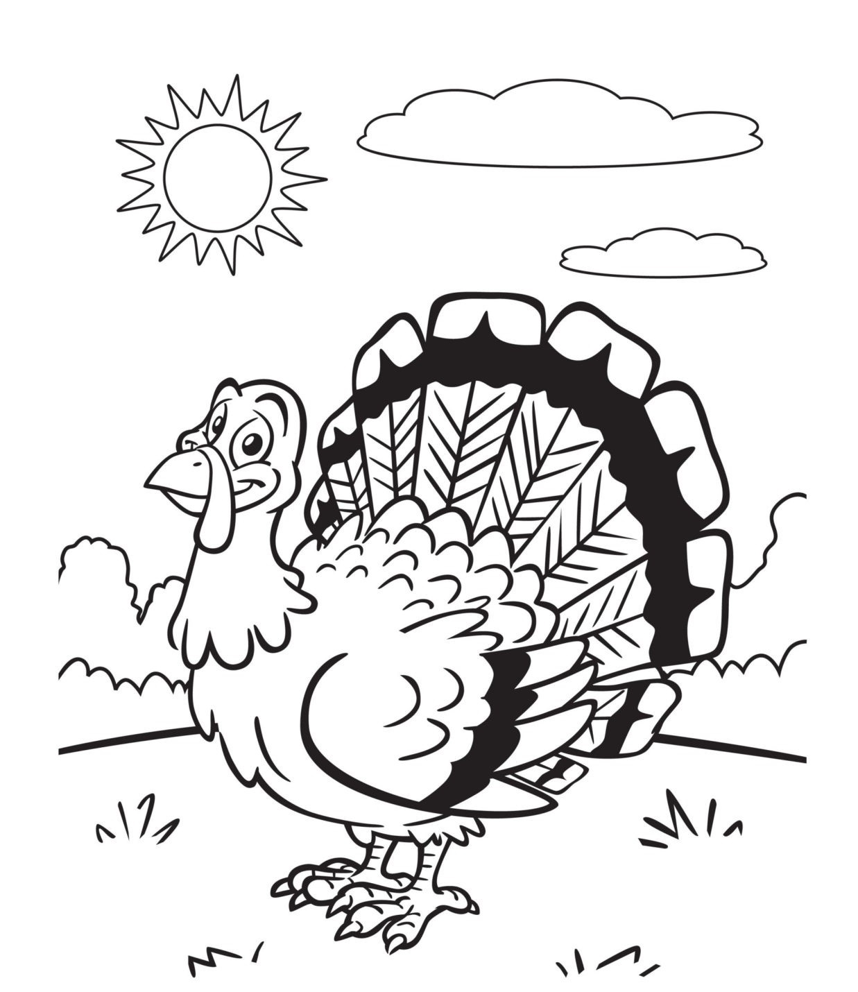Coloriage Dinde Avec Un Jolie Soleil - Action de grâce à imprimer