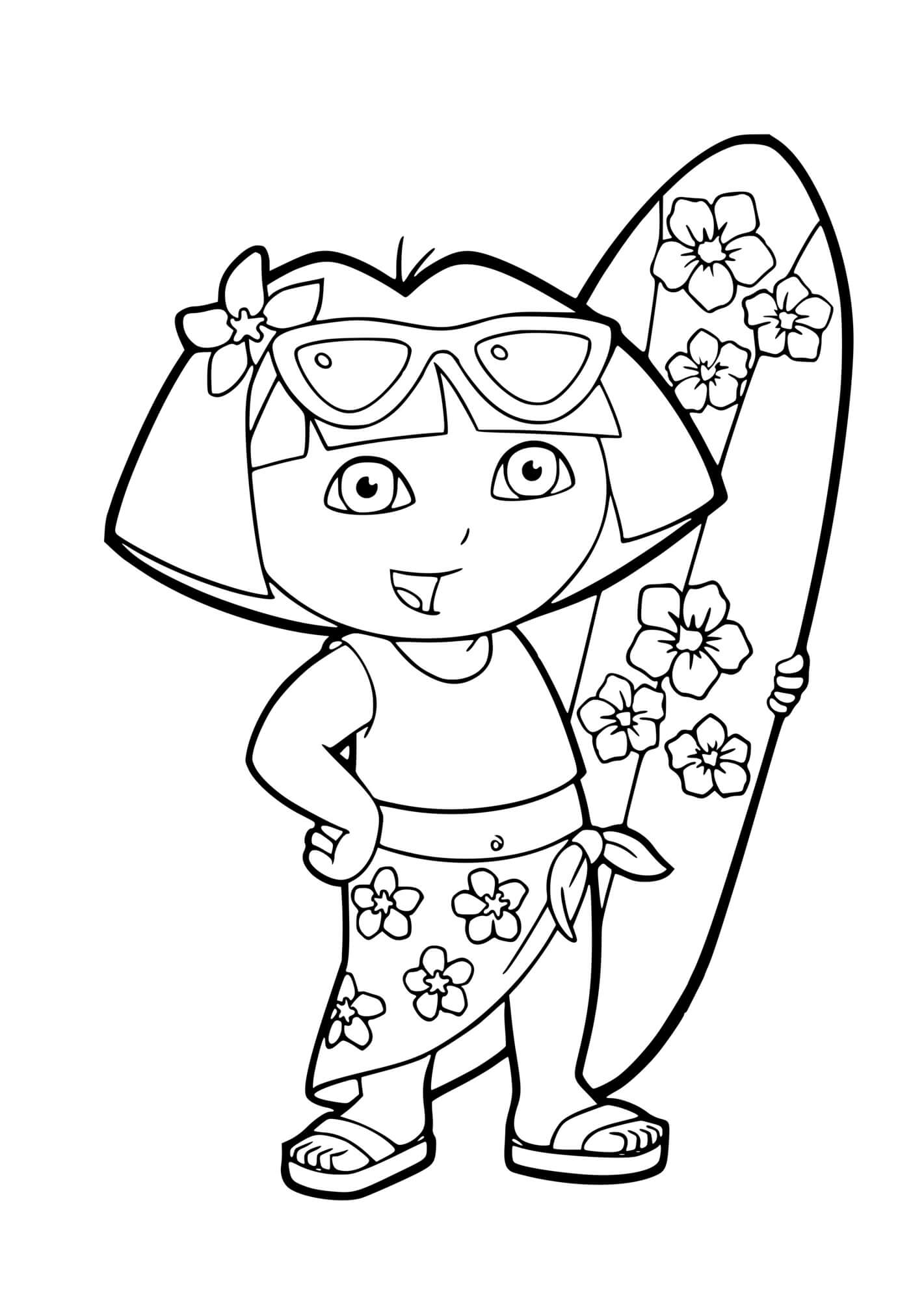 Coloriage Dora Avec Une Planche De Surf Près De La Plage - Dora à imprimer