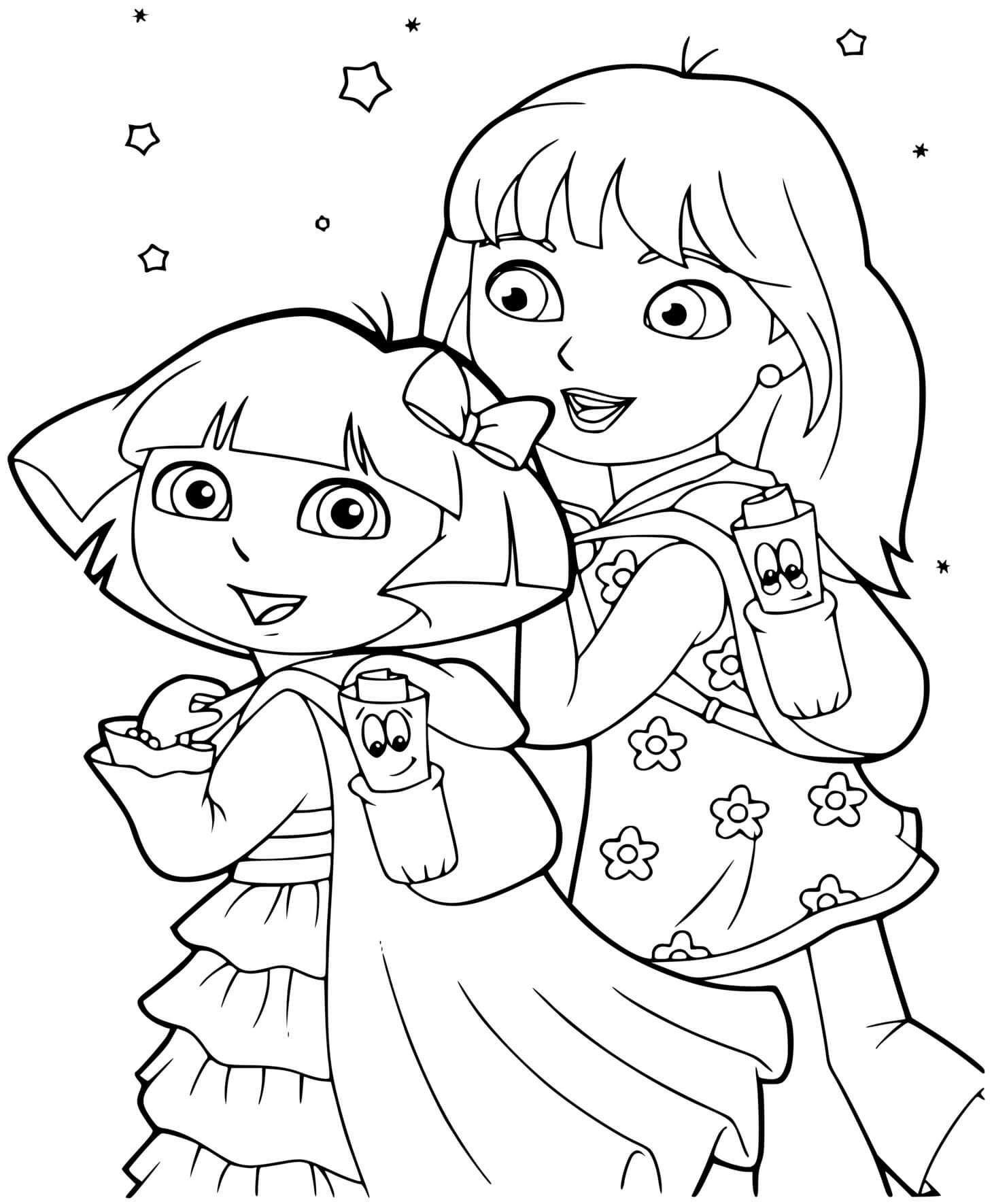 Coloriage Dora Et Sa Grande Sœur Rentrée Scolaire - Dora à imprimer