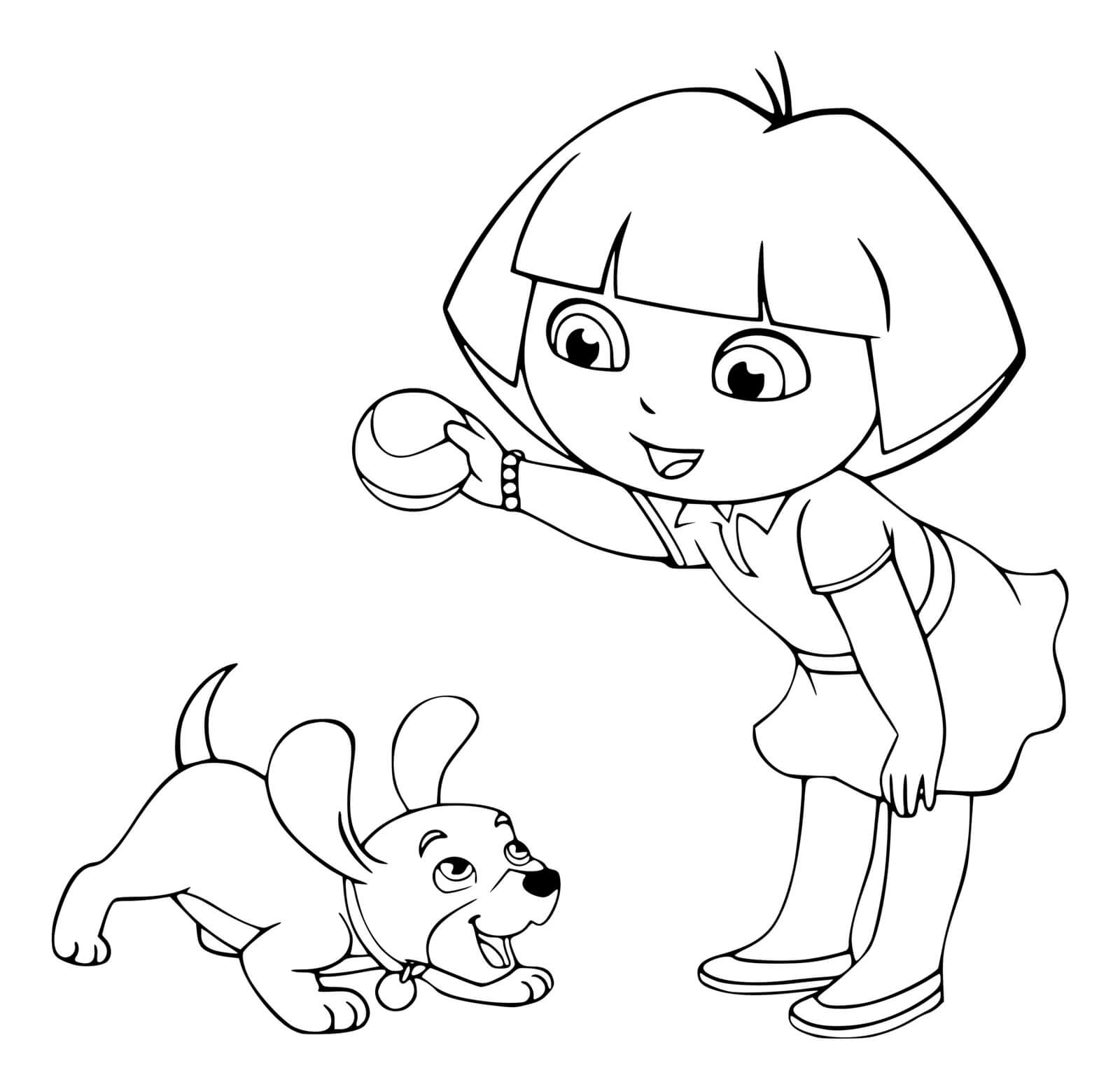 Coloriage Dora Joue Au Ballon Avec Le Chien - Dora à imprimer
