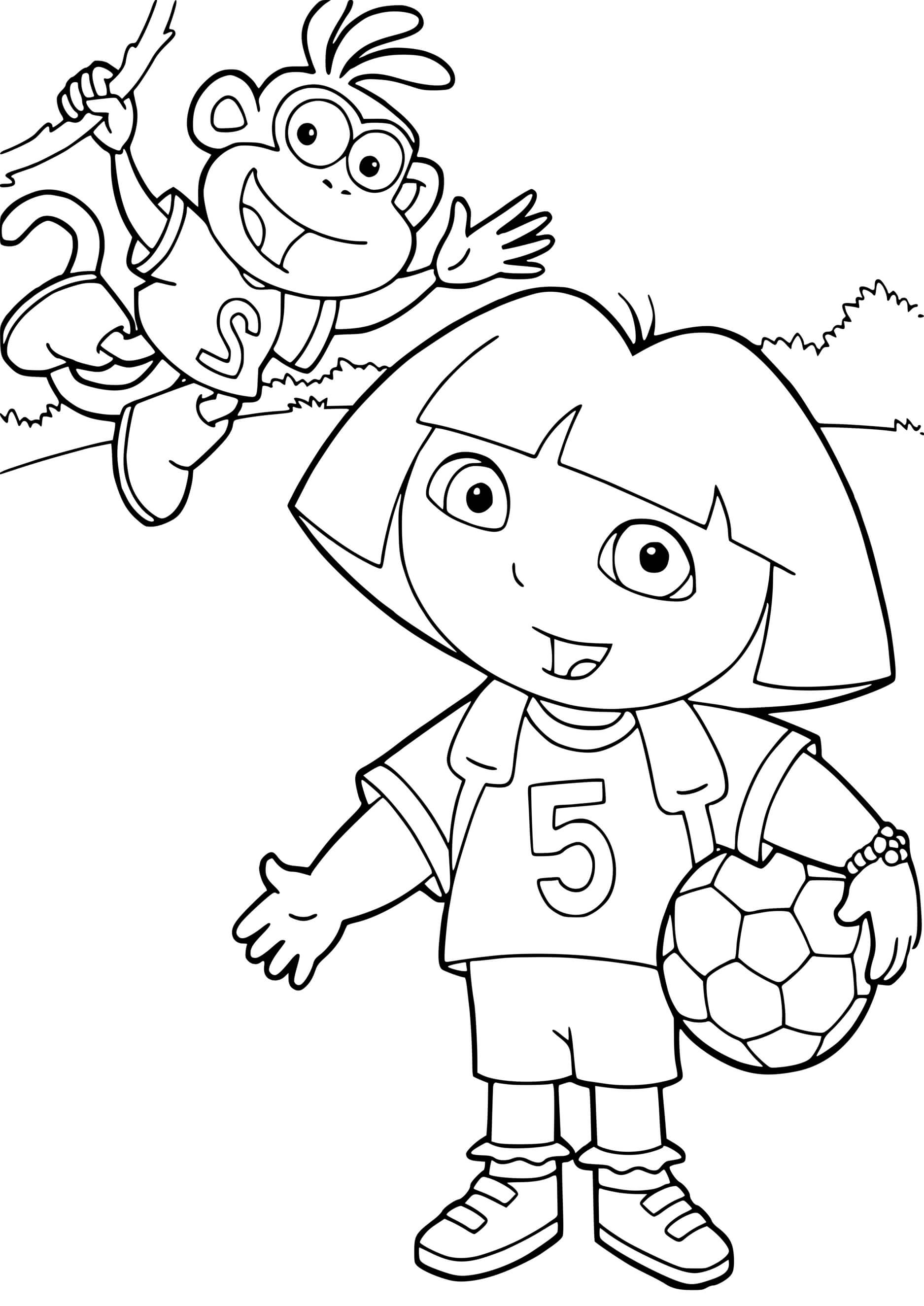 Coloriage Dora Joue Au Foot Avec Babouche Équipe De Football - Dora à imprimer