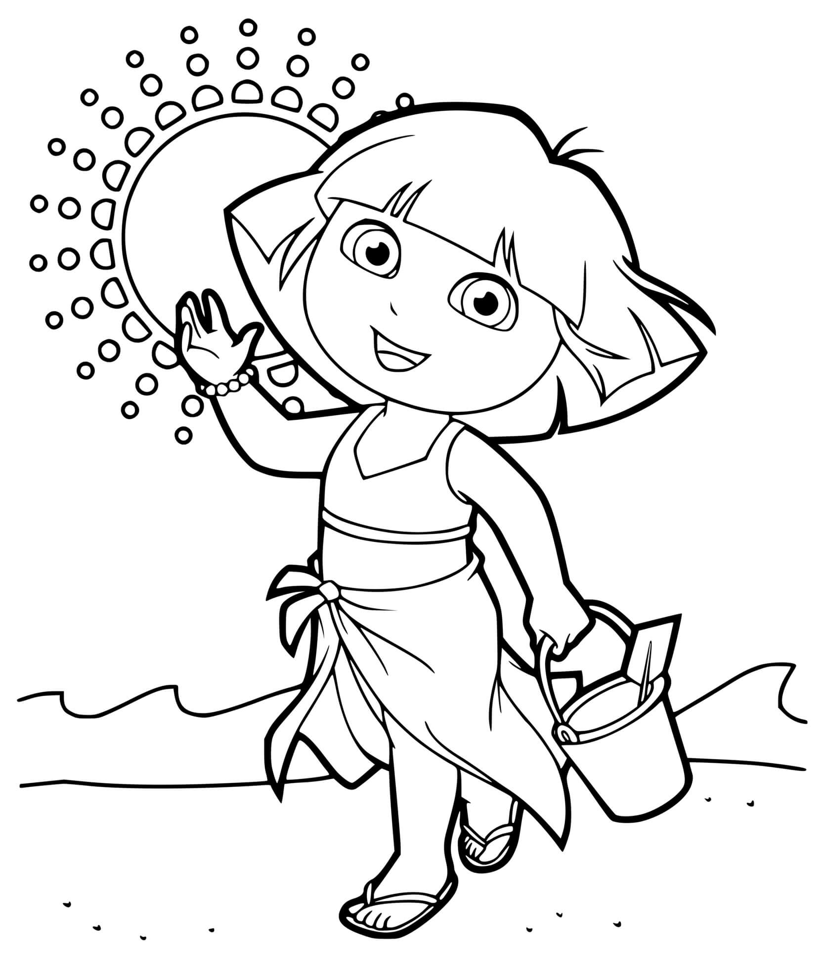 Coloriage Dora Marche Sur La Plage En Vacances - Dora à imprimer