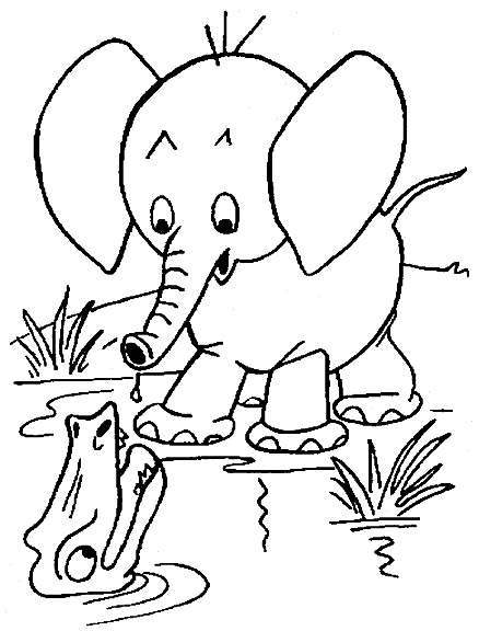 Coloriage Éléphant Prêt De L'Eau Avec Un Crocodile - Éléphant à imprimer