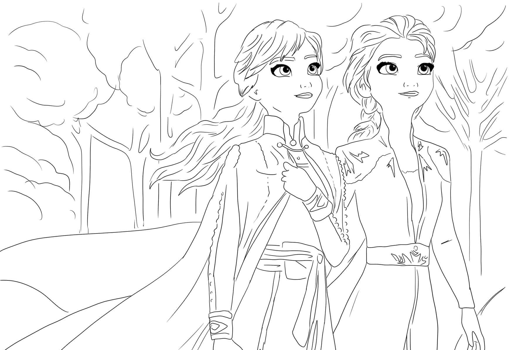 Coloriage Elsa reine et Anna princesse ensemble - La Reine des neiges 2 à imprimer