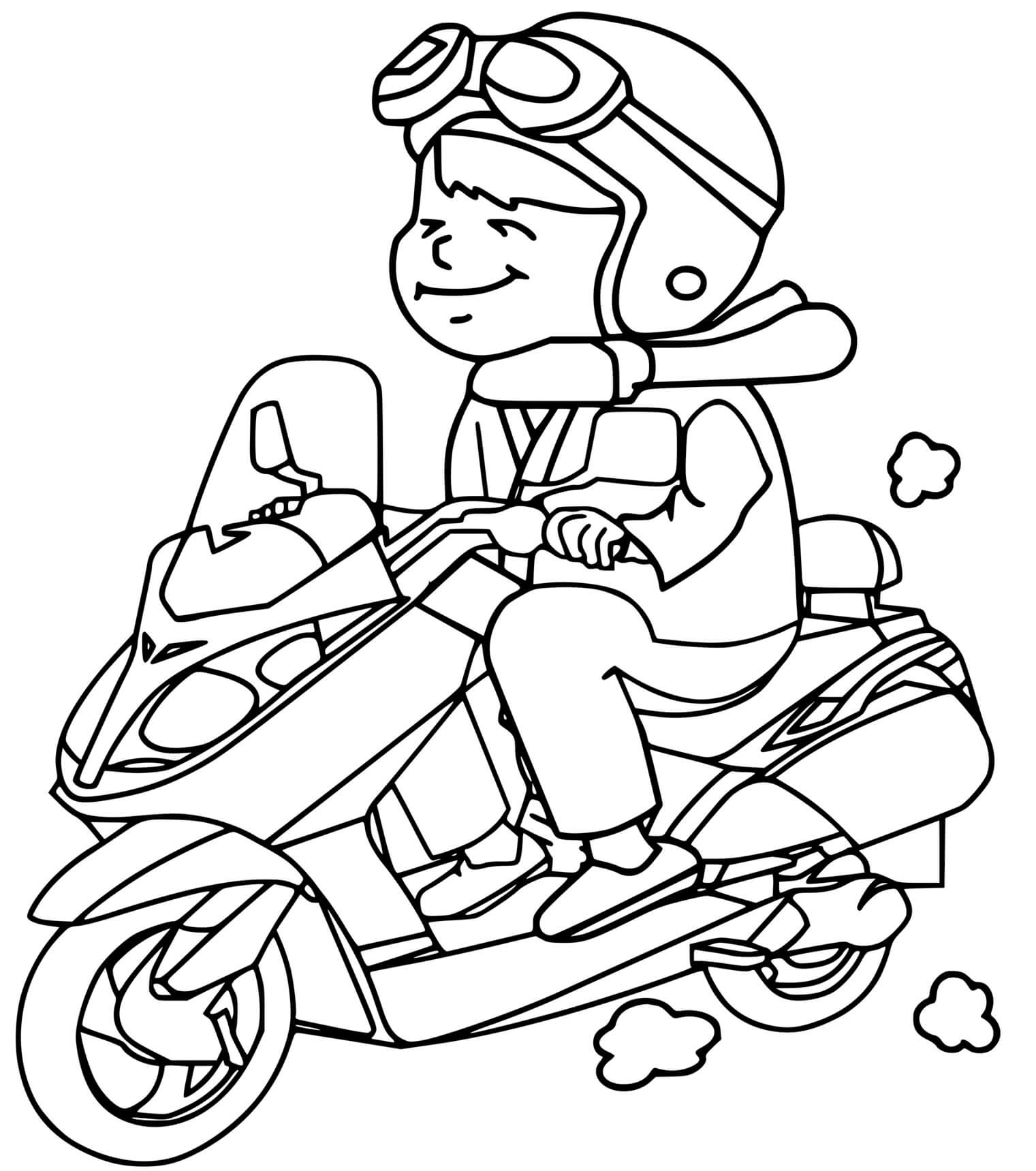 Coloriage Enfant Avec Sa Petite Moto Scooter - Moto à imprimer