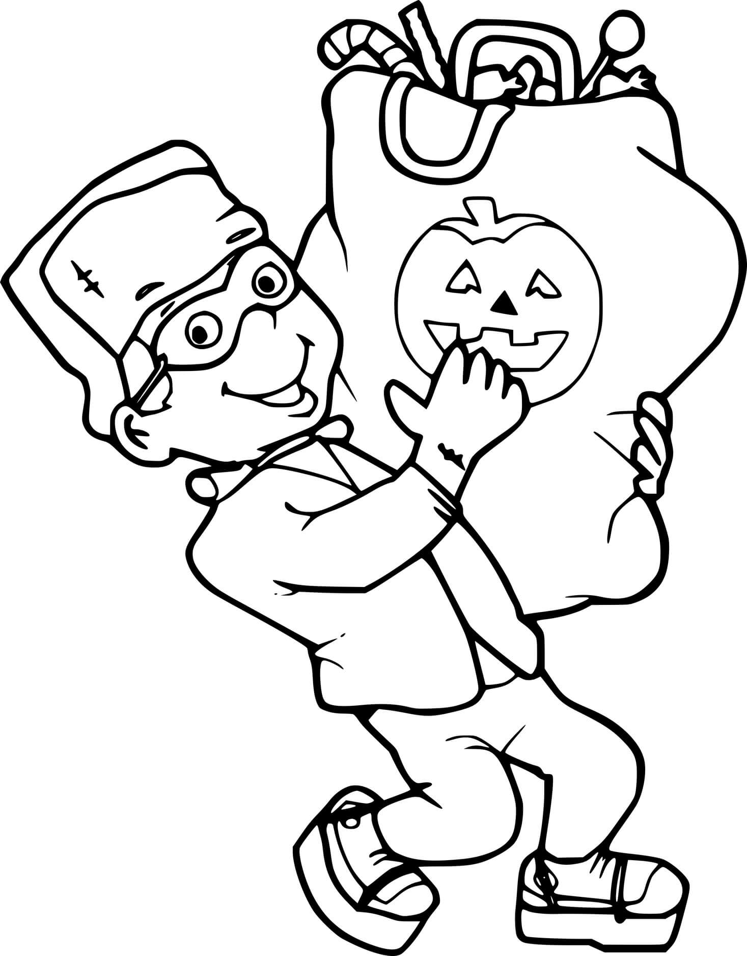 Coloriage Enfant Avec Un Costume De Frankenstein Recolte Un Grand Sac De Friandise Pour Halloween - Frankenstein à imprimer