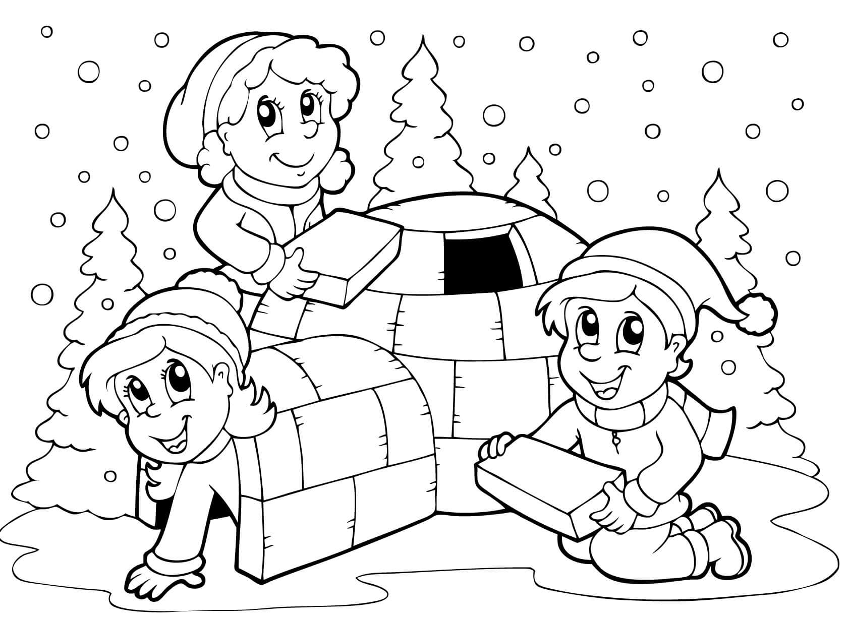 Coloriage Enfants Construisent Un Igloo En Hiver Sous La Neige - Hiver à imprimer
