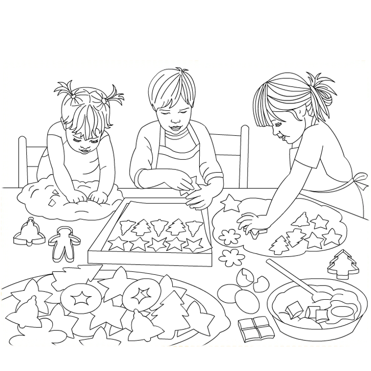 Coloriage Enfants Cuisinent Gâteaux Noël - Noël à imprimer