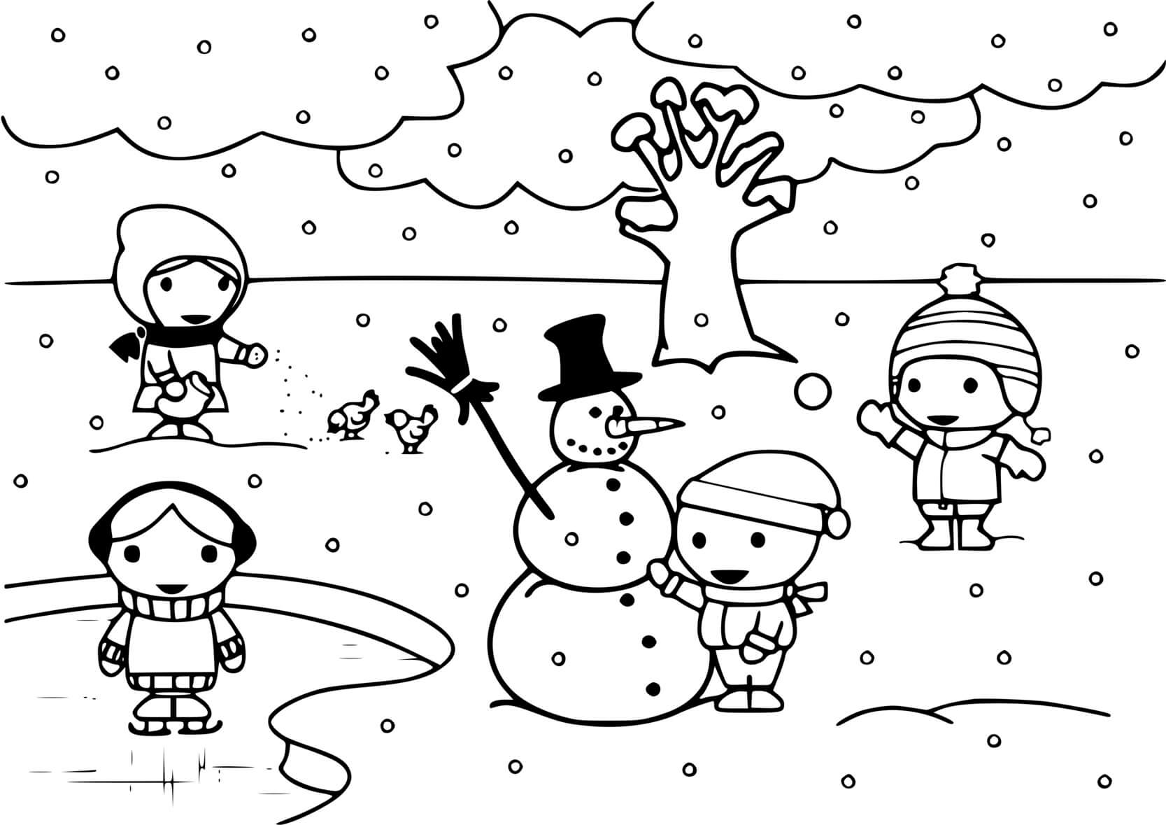 Coloriage Enfants Jouent Avec La Neige En Hiver - Hiver à imprimer