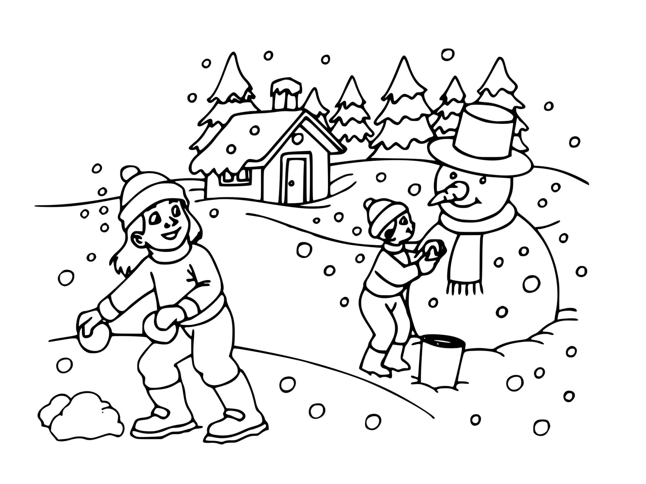 Coloriage Enfants Maison Sous La Neige En Hiver - Hiver à imprimer