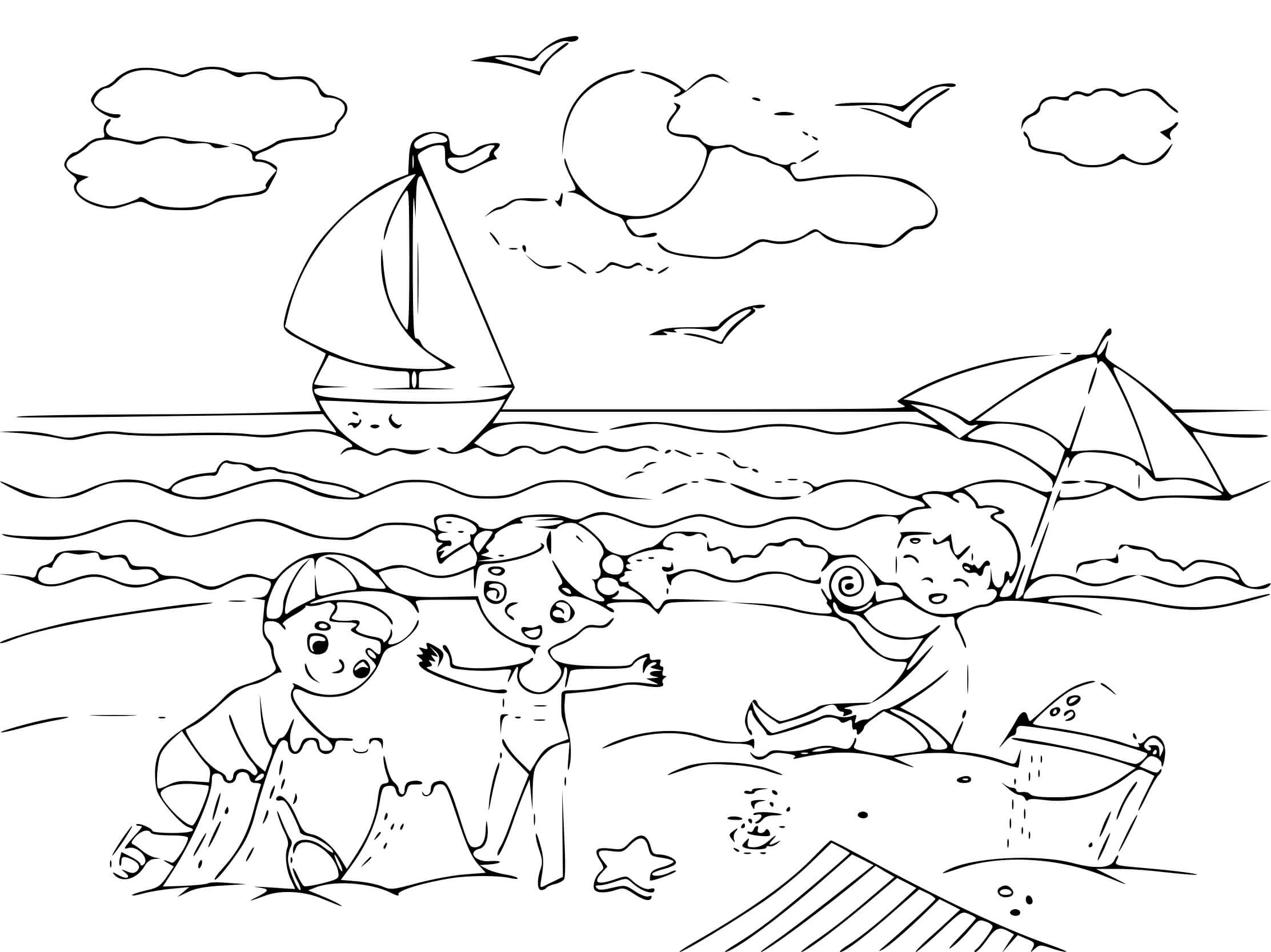 Coloriage Enfants Sur Une Plage En Bord De Mer - Mer à imprimer