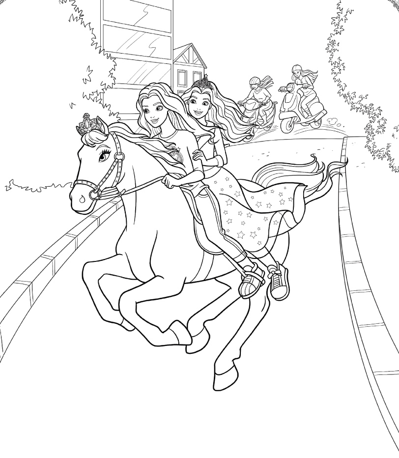 Coloriage Équipe De Princesse Avec Cheval Et Barbie Font Une Course - Barbie princesse à imprimer