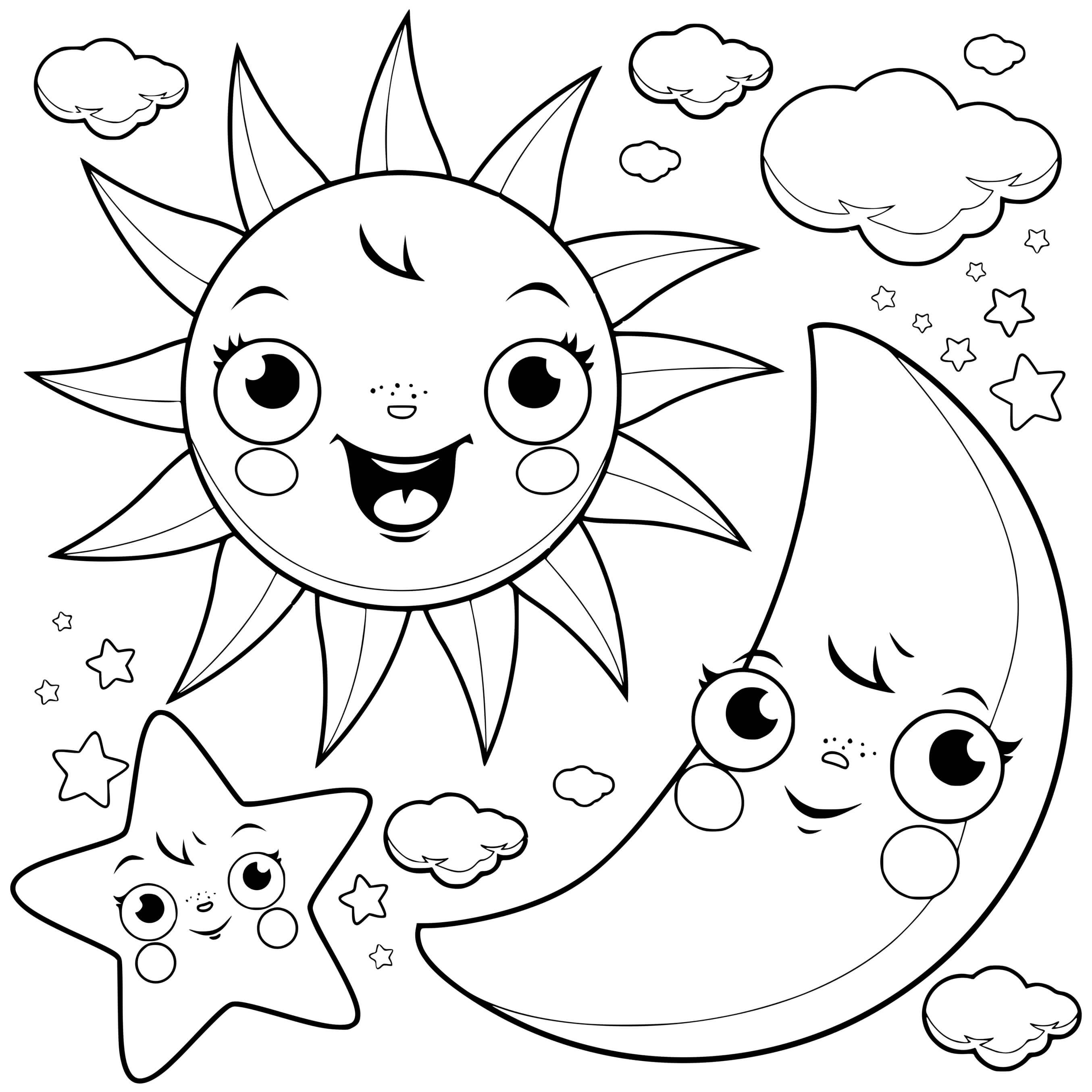 Coloriage Étoile Lune Soleil Nuages - Lune à imprimer