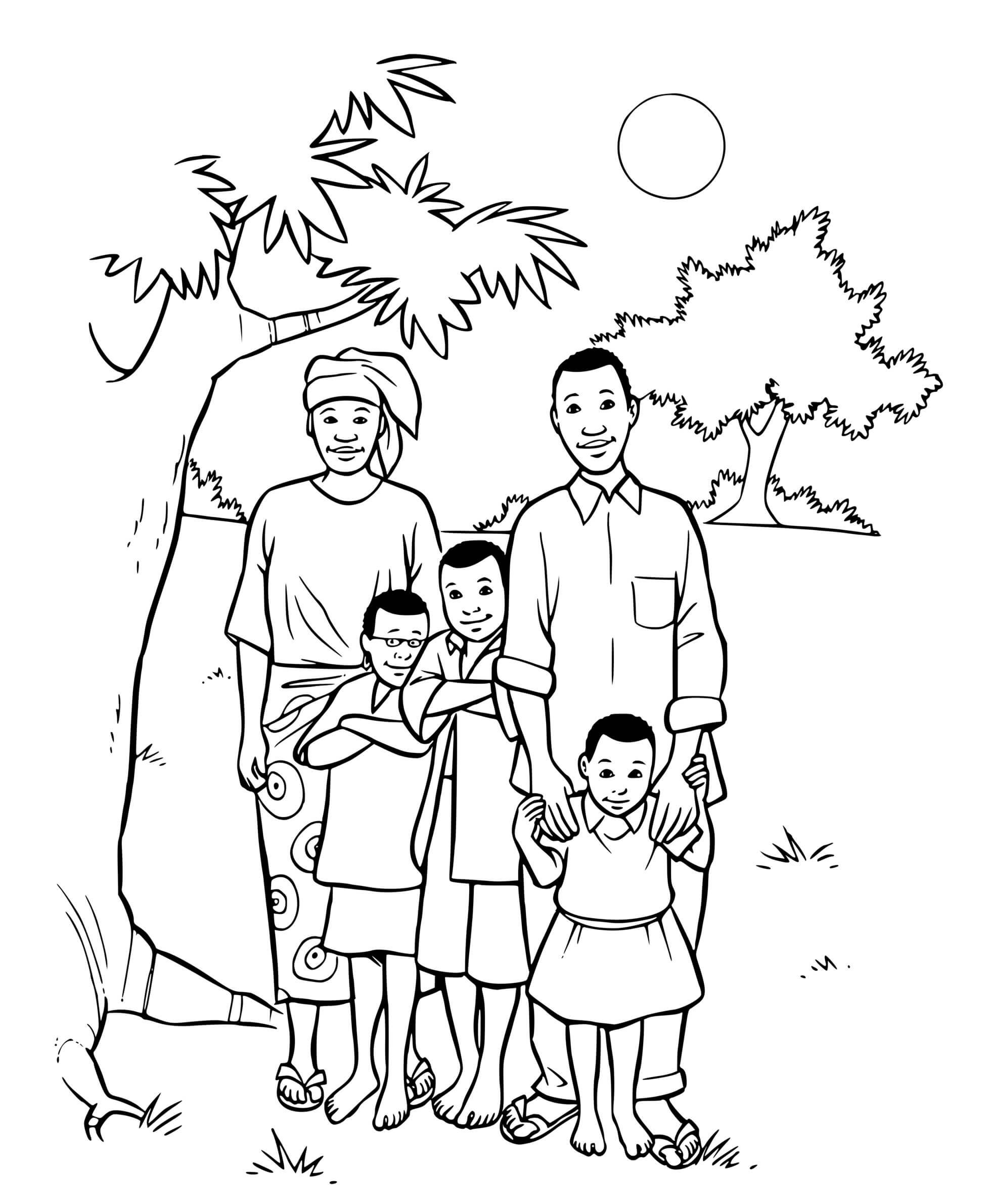 Coloriage Famille Africaine Avec Trois Enfants - Famille à imprimer