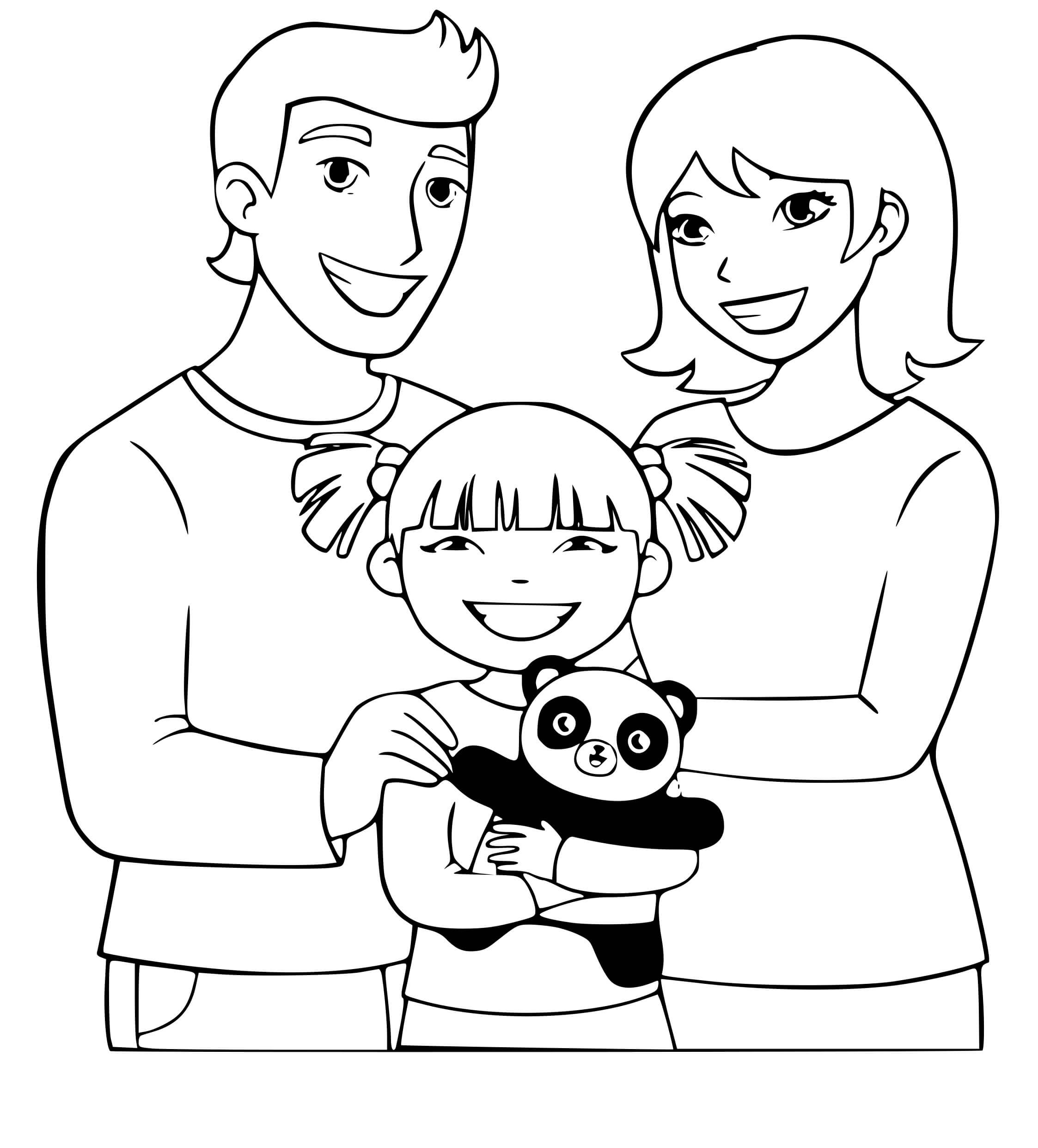 Coloriage Famille Avec Leur Fille Unique Et Son Panda Nounours - Famille à imprimer