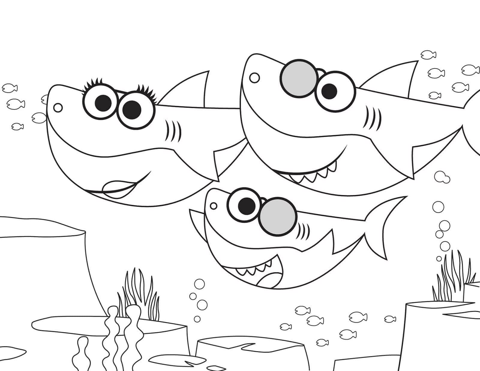 Coloriage Famille De Requins Sous L'eau - Requin à imprimer