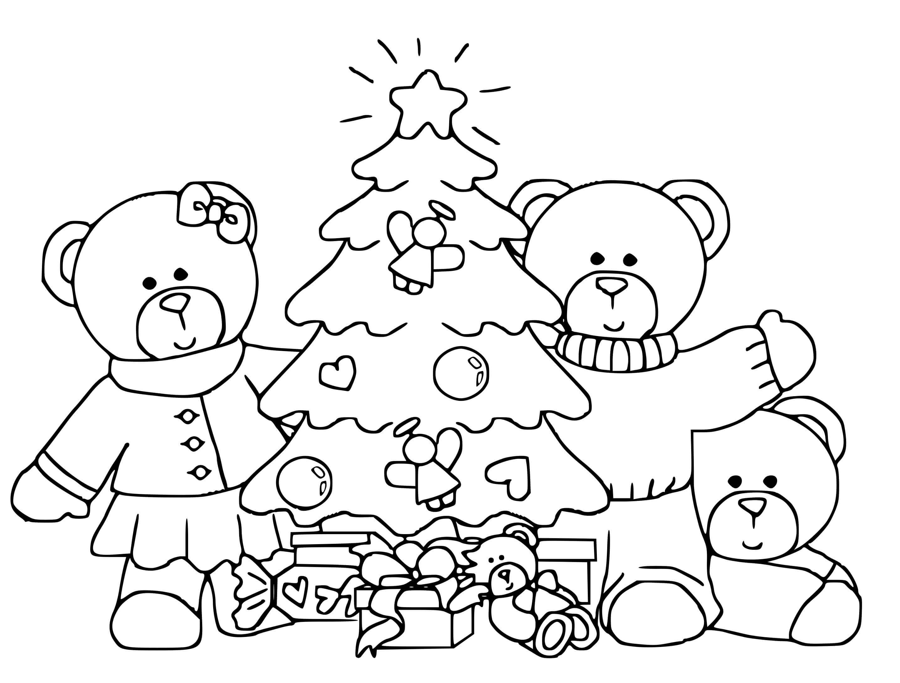 Coloriage Famille Ours Autour Dun Sapin De Noël Pour Enfants Maternelle - Noël maternelle à imprimer