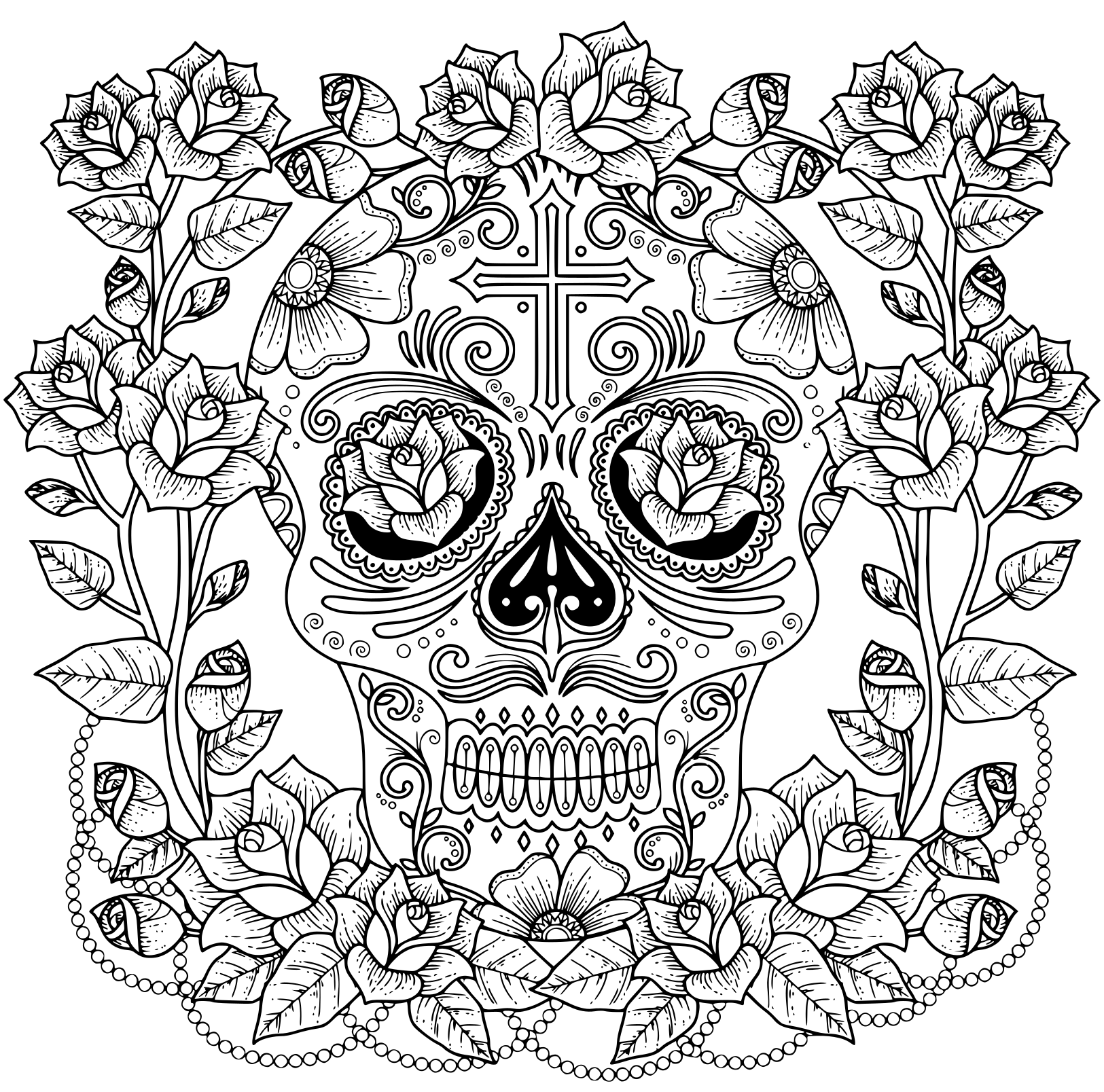 Coloriage Fantastique Magnifique Crane De Roses Et De Croix Modèle Anti Stress - Adulte à imprimer