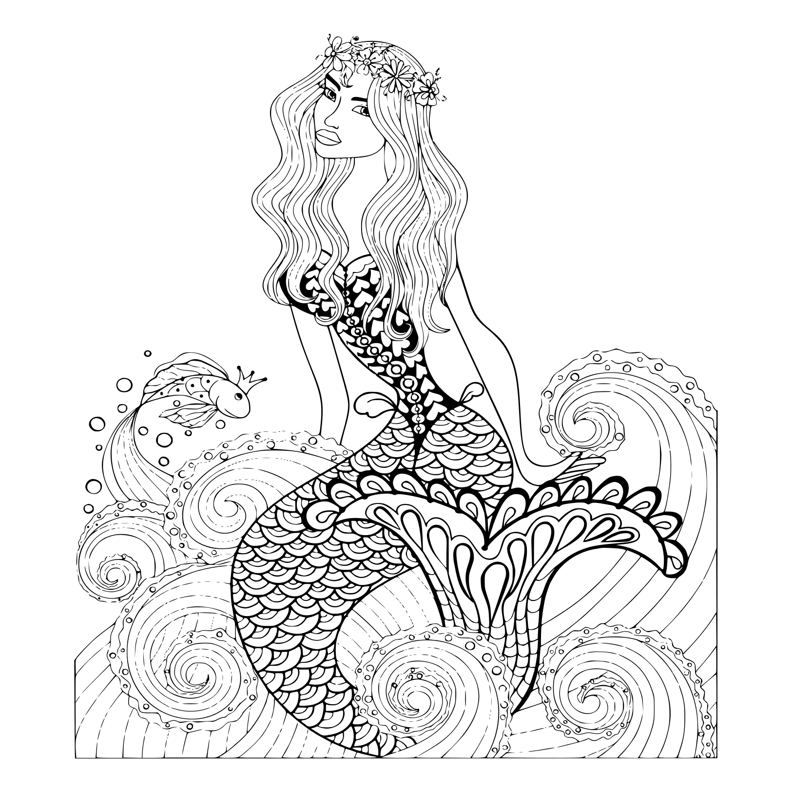 Coloriage Fantastique Sirène Vagues De Mer Avec Un Poisson Rouge Et Couronne Sur La Tête - Adulte à imprimer