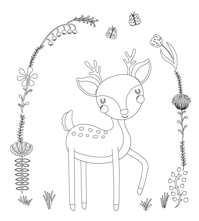Coloriage Faon Fleurs Plantes - Cerf biche faon à imprimer
