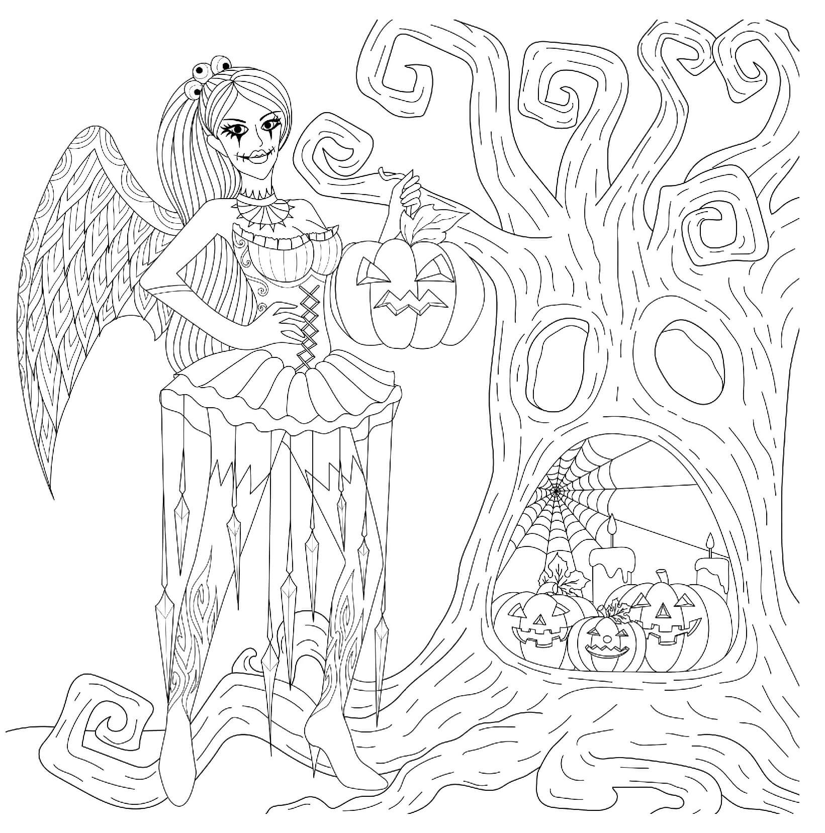 Coloriage Fée Gothique Halloween Citrouilles Arboricoles Effrayantes - Halloween à imprimer