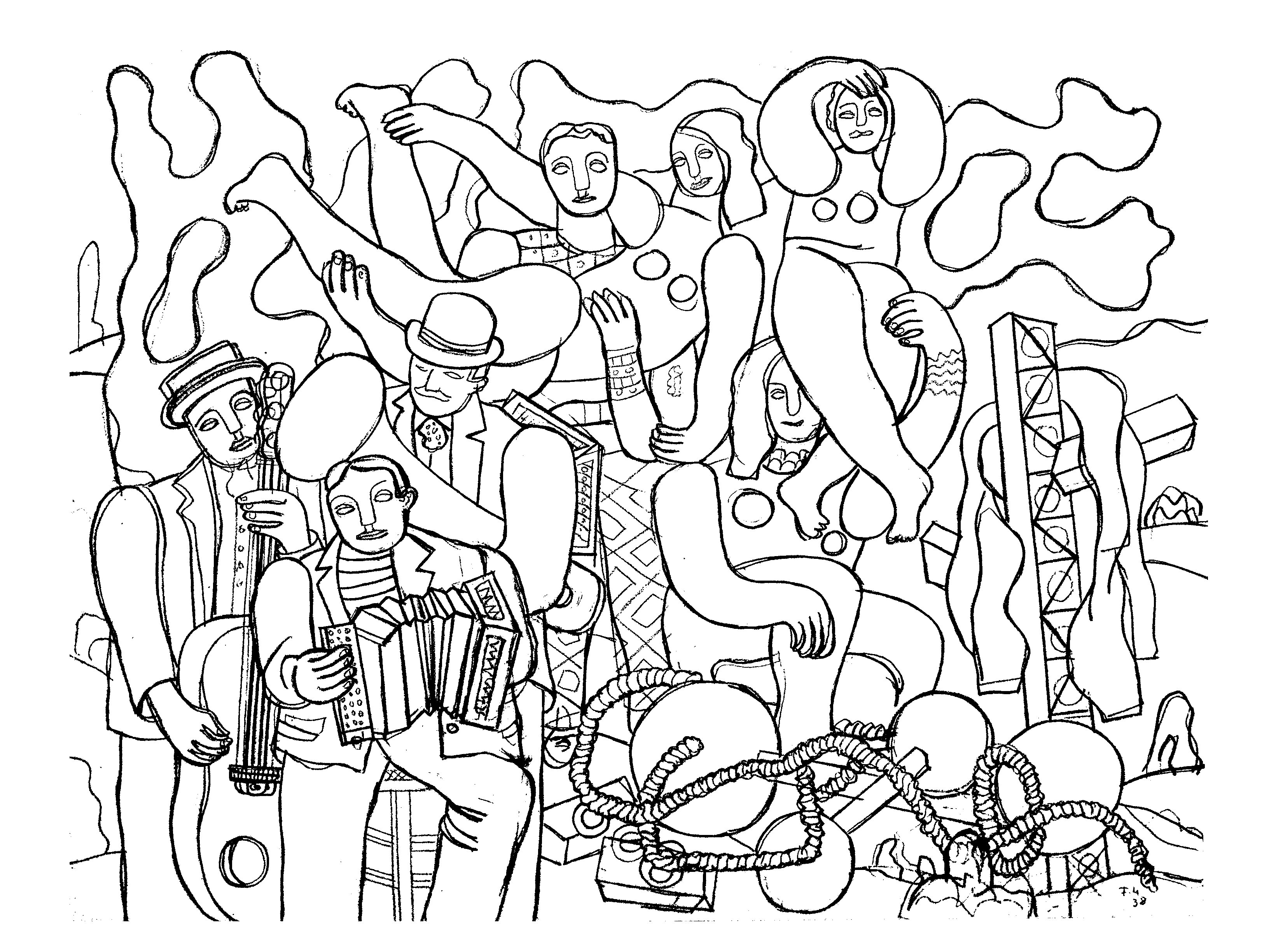 Coloriage Acrobates et musiciens en style géométrique - Art à imprimer