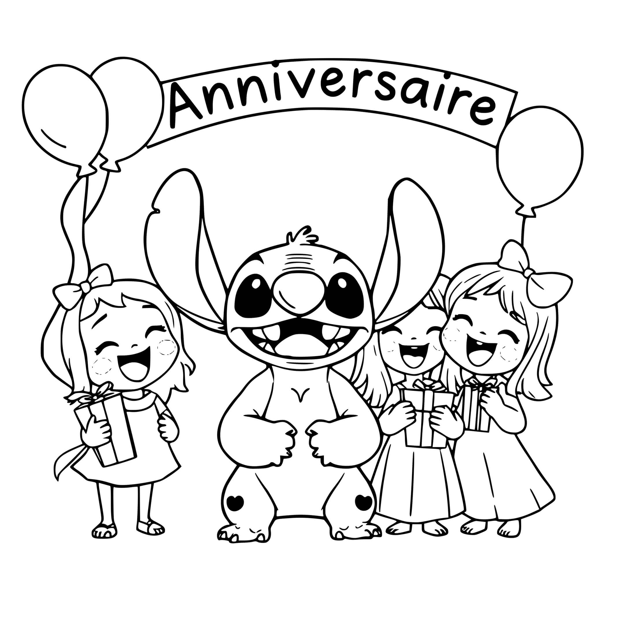 Coloriage Fête D'anniversaire Avec Stitch Et Enfants - Stitch anniversaire à imprimer