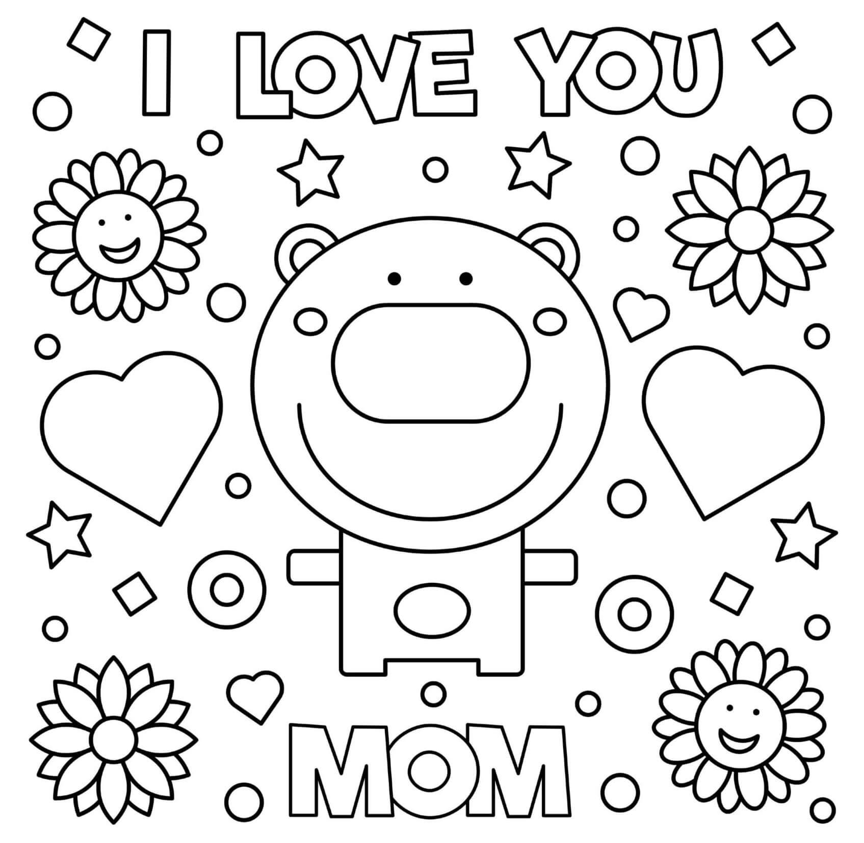 Coloriage Fête Des Mères Je Taime Maman Bear Cœurs Fleurs - Fête des mères à imprimer