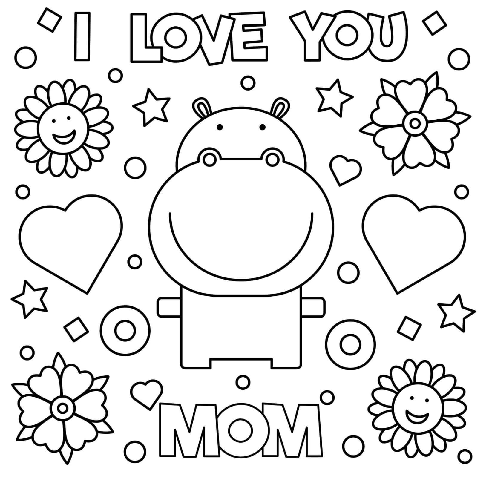 Coloriage Fête Des Mères Je Taime Maman Cœurs Fleurs Hippo - Fête des mères à imprimer