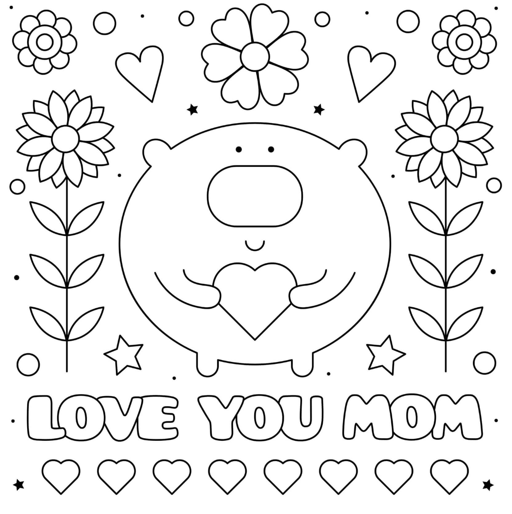 Coloriage Je t'Aime Maman avec Fleurs - Fête des mères à imprimer
