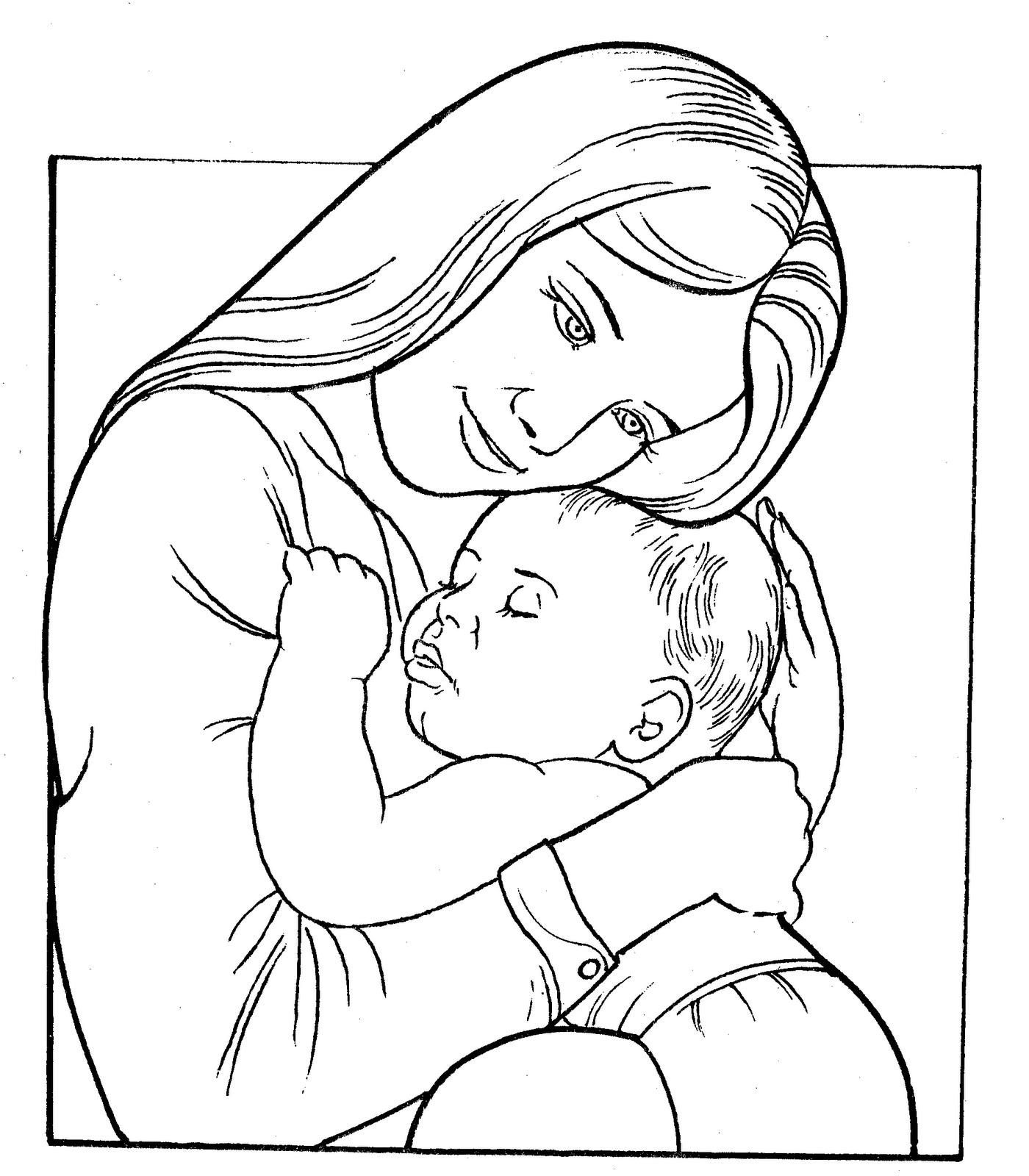 Coloriage Mère et enfant offrant des roses - Fête des mères à imprimer